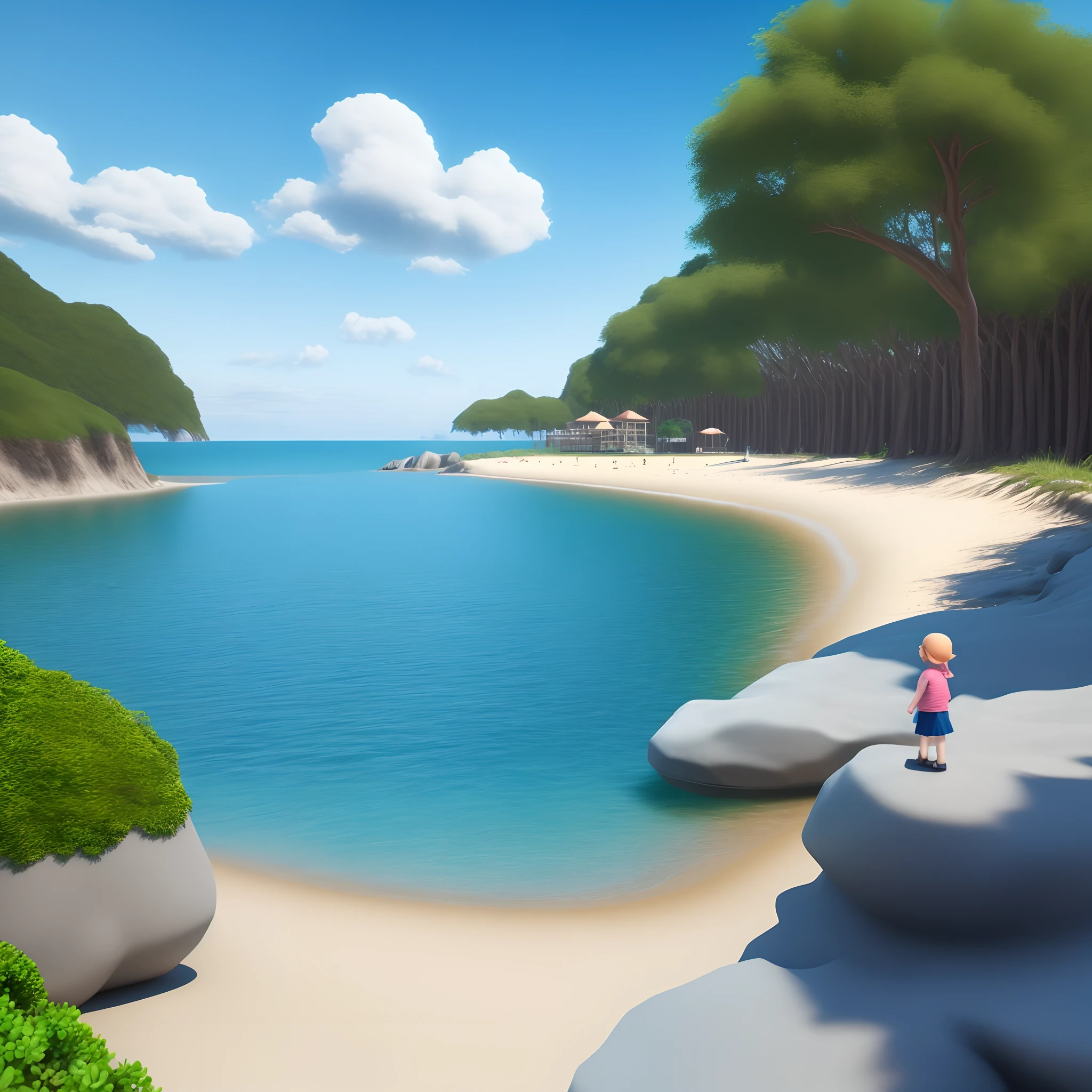 3D little girl beach blue sea and blue sky