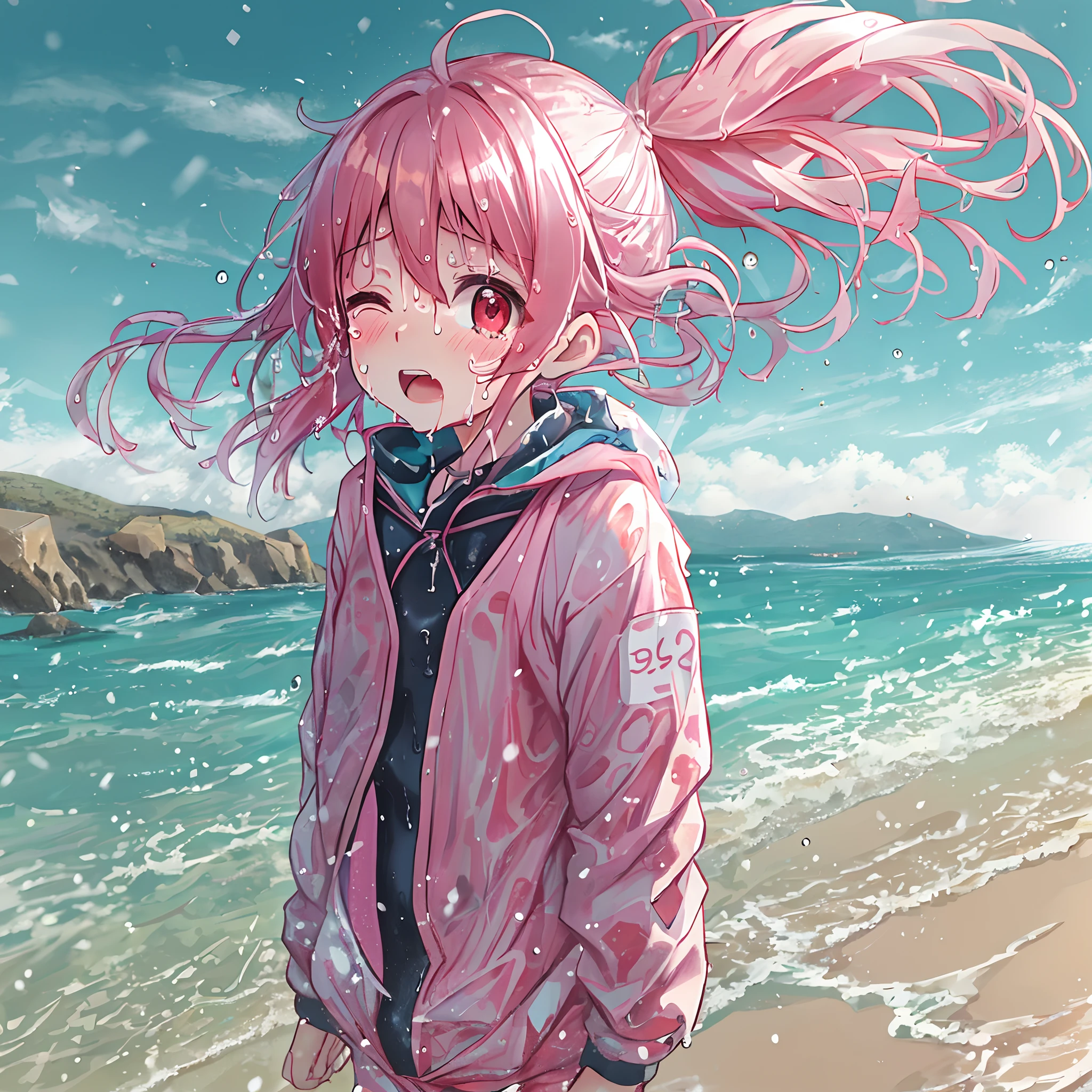 absurderes, hight resolution, (Anime style:1.1), ((masutepiece)), ((Best Quality)), (Ultra-detailed), (Beautiful), 独奏, Beautiful face、(liftup),Cute little girl standing on beautiful beach in Mediterranean sea in midwinter,Wind,Pink hair, Fine red eyes,(poneyTail:1.2),(wet suit:1.5),Blue sky,(double tooth),Closed eyes,Looking at Viewer,Lens Flare,Dramatic, Beautiful sandy beach、Scream、Tears、(full body Esbian)、low angles、Whole body immersion、bare-legged、