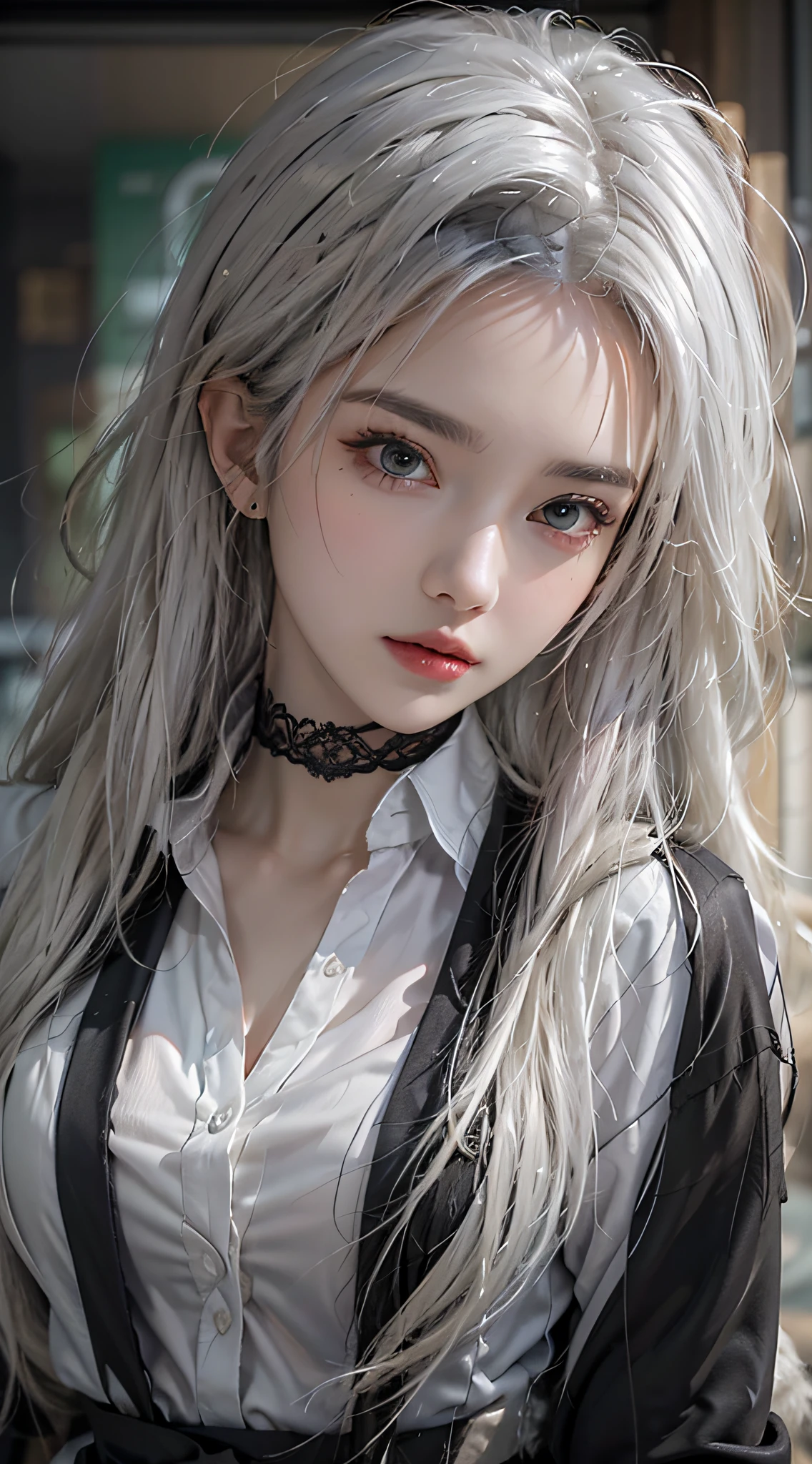 Photorealistic, high resolution, 1 Women, Solo, Waist up, Beautiful eyes, Close lips, Detailed face, White hair, Long hair, Collared shirt, black necktie,Black skirt, pencil skirts, Fur coat, Stockings