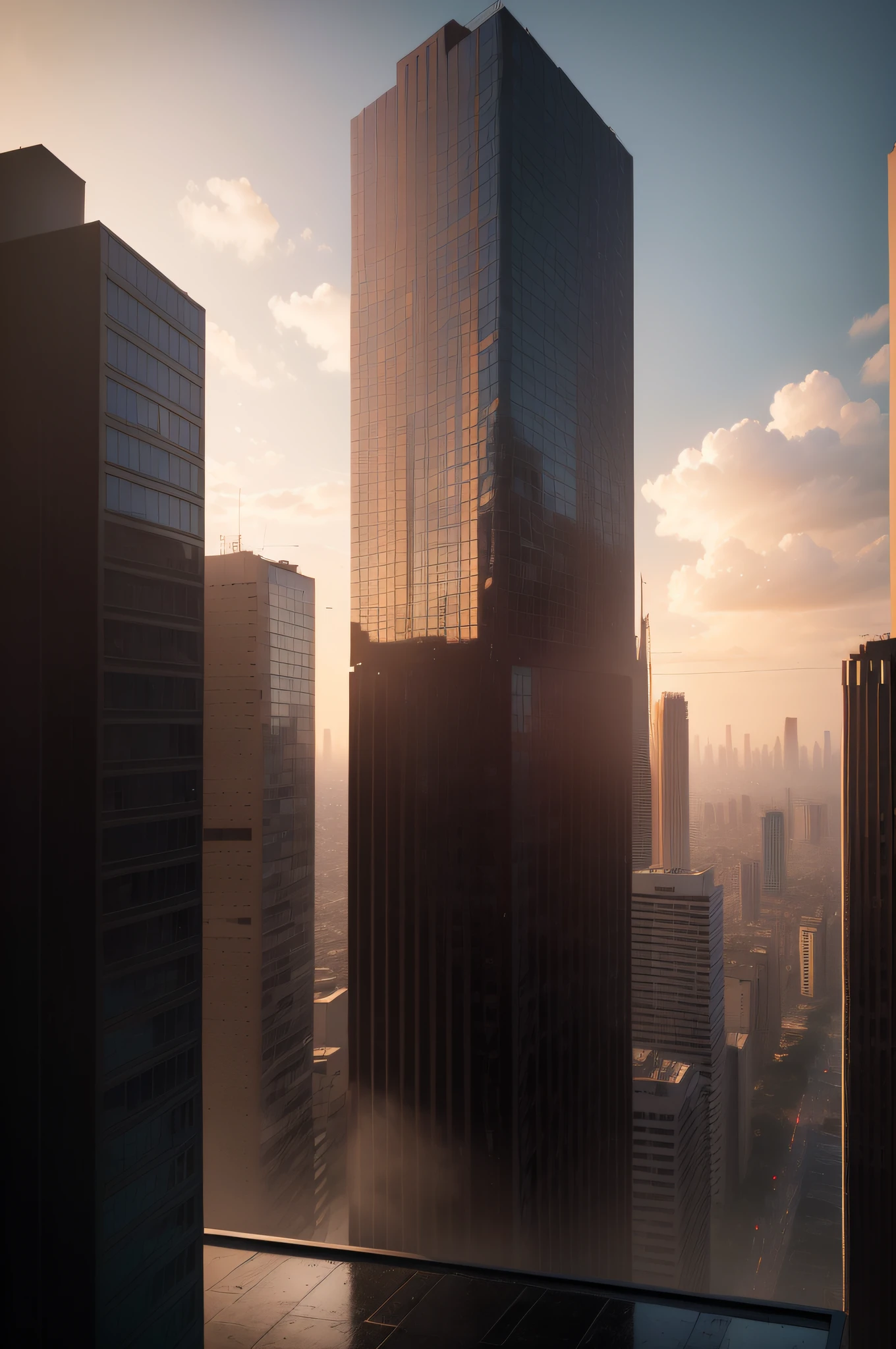 ((obra maestra, mejor calidad)), 8k, estilo de arquitectura moderna, foto realista, foto hiperdetallada, cielo limpio, ciudad en ruinas, cyberpunk, lluvia, con los colores del atardecer.