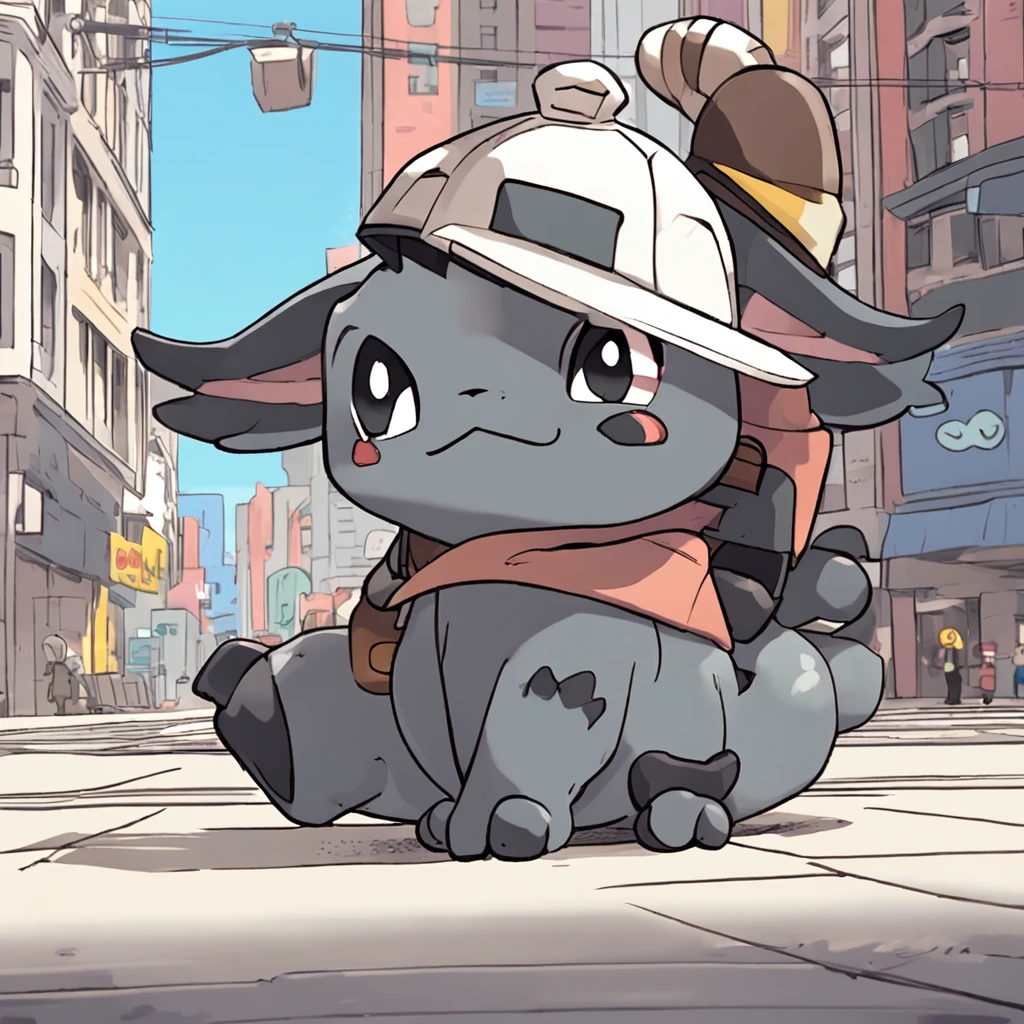 There is a buffalo, wearing a Black hat with two horns on its head, and dressed in grey clothes. Resembling a new Cartoon, with a cute style. A ground-type Pokémon. It stands on two legs and is carrying a gray backpack. It's standing on top of a building, surrounded by a cityscape. Its cute stubborn face is endearing. The dominant color scheme is gray-blue. It belongs to the bread-type Pokémon category, with Ken Sugimori's art resembling that of cartoon, as seen on bulbapedia.