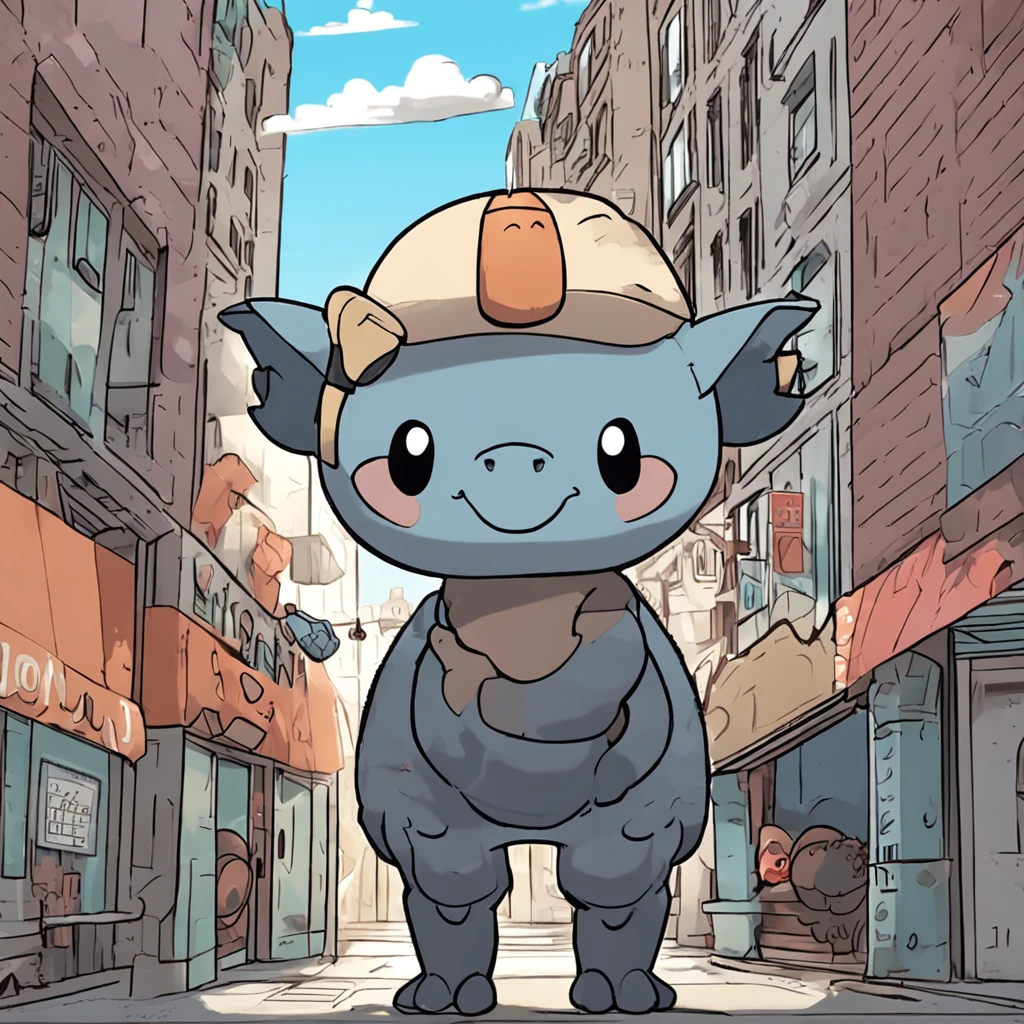 There is a buffalo, wearing a Black hat with two horns on its head, and dressed in grey clothes. Resembling a new Cartoon, with a cute style. A ground-type Pokémon. It stands on two legs and is carrying a gray backpack. It's standing on top of a building, surrounded by a cityscape. Its cute stubborn face is endearing. The dominant color scheme is gray-blue. It belongs to the bread-type Pokémon category, with Ken Sugimori's art resembling that of cartoon, as seen on bulbapedia.
