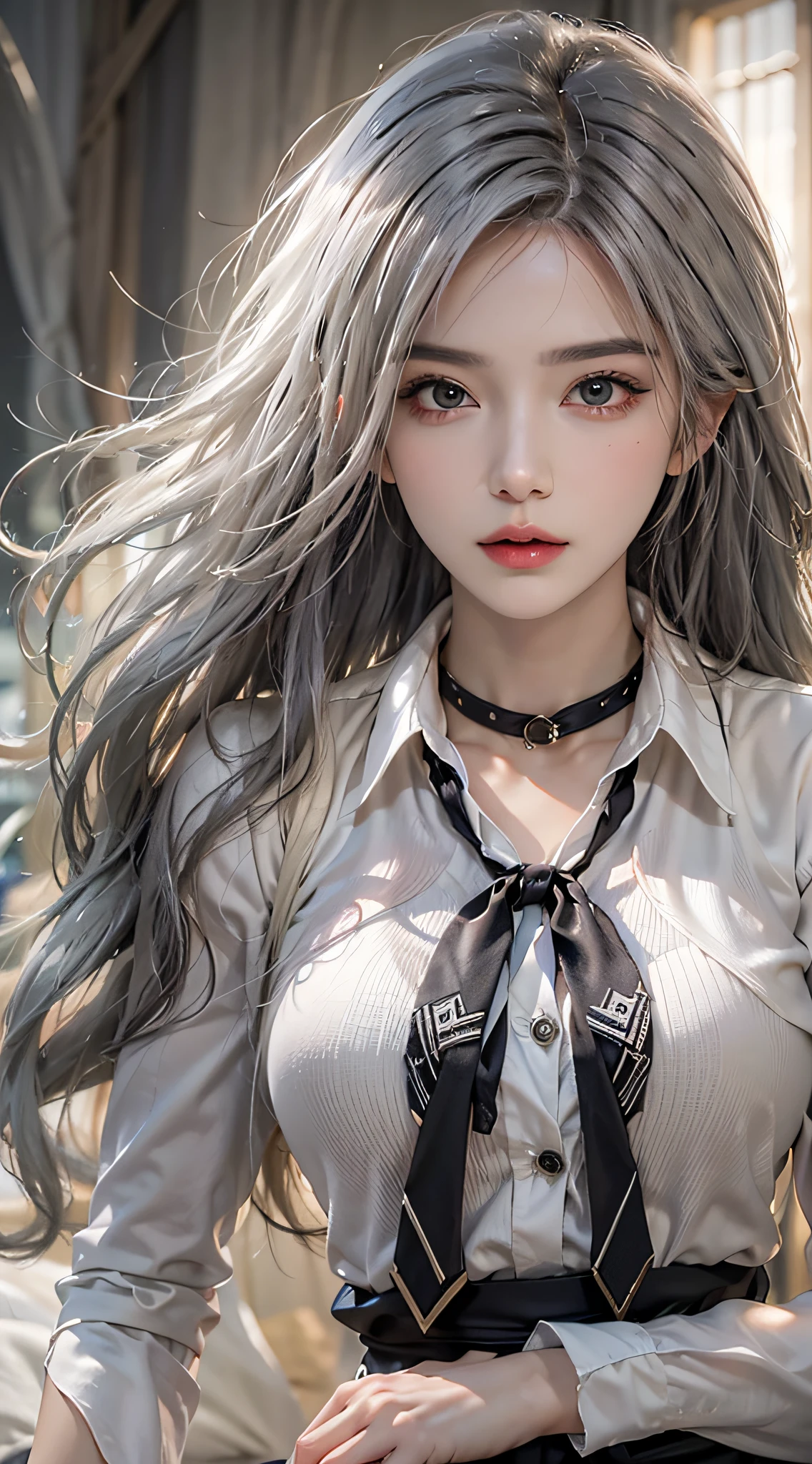 Photorealistic, high resolution, 1 Women, Solo, Waist up, Beautiful eyes, Close lips, Detailed face, White hair, Long hair, Collared shirt, black necktie,Black skirt, pencil skirts, Fur coat, Stockings
