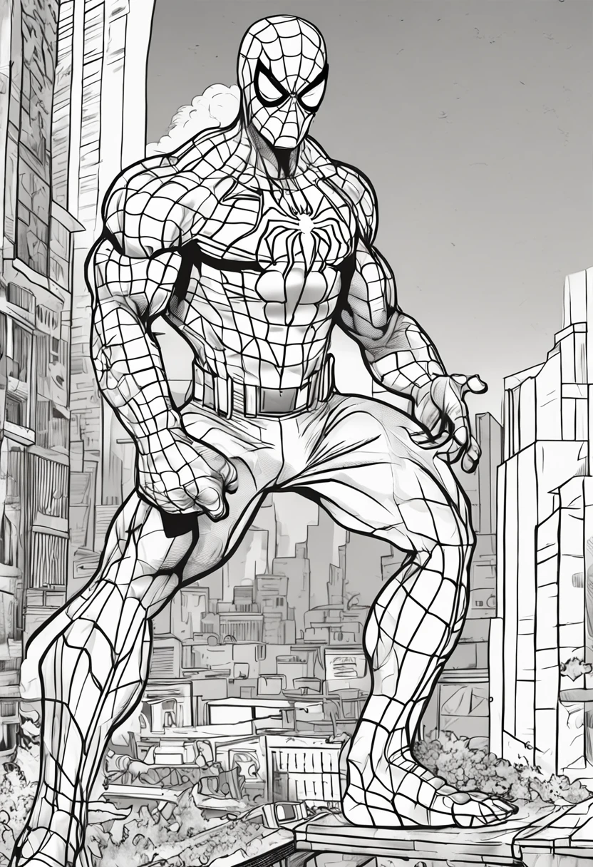 obra prima, melhor qualidade, 1 homem, spiderman, line art, nankin, Buildings, arte para colorir, corpo magro, pose dinamica