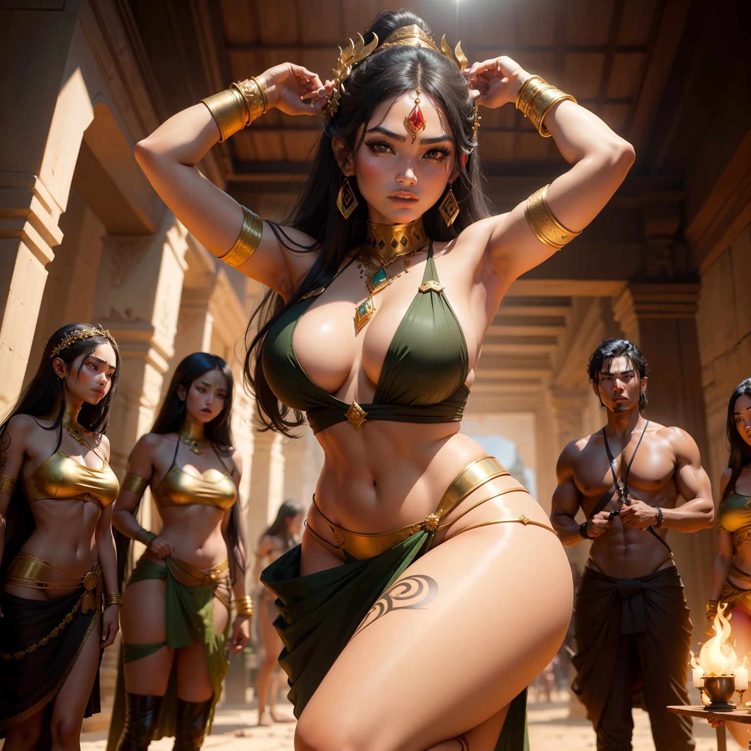 Female Khmer warrior, long black hair, dark brown tanned, Armour on, bangles, Angkor temple, full body, holding weapon, sexy tied hair up, crowd on the head, wearing jewelry, Sak yant tattoos on the arm, curvy body, wear brown and green wrap sarong outfits, dark skinned, cute face, big lips, Diamond shape faces, wide nice nose, defined features on the face, apsara jewelry on, gold leaves jewelry, fighting at war