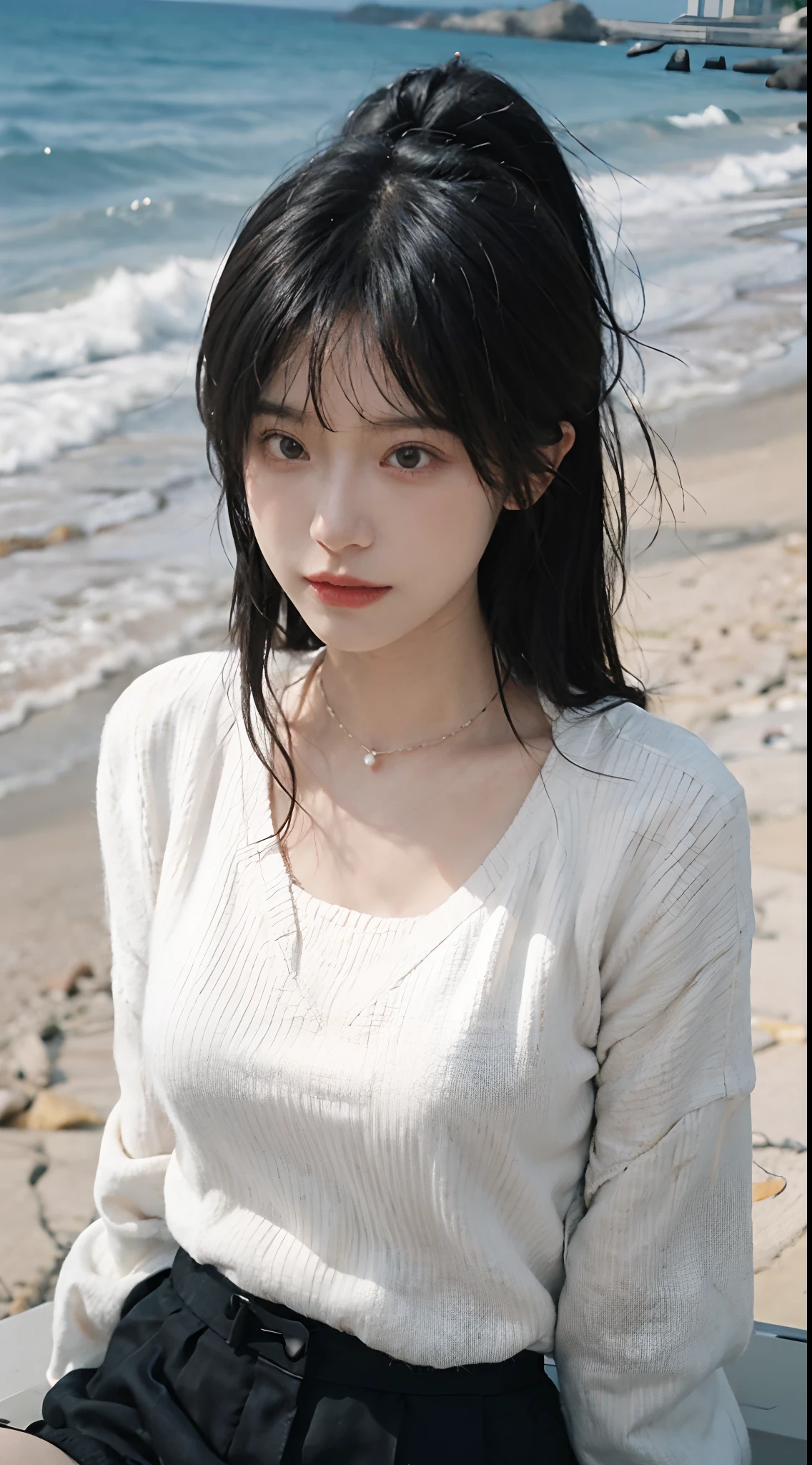 best qualtiy， 超高分辨率， （realisticlying：1.4），cute hairpin，1girll，with long coiled hair,Quartered sweater ，Blushlush，Beautiful woman with a slim figure:1.4, Pronounced abs，On the sandy beach,Ultra-fine face，Elaborate Eyes，二重まぶた，choker necklace