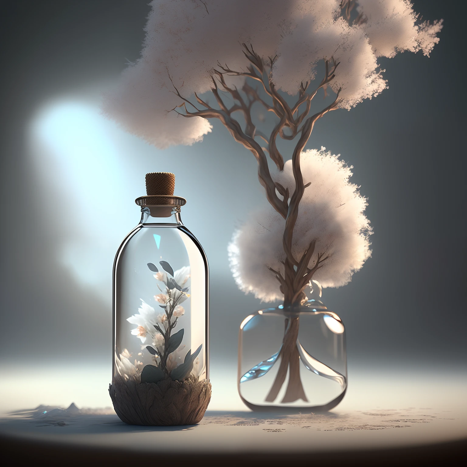 Dreamy art tree in a bottle、fluffly、realisitic、a picture、kanon、dream-like、art by、Colorful leaves and branches、Flowers bloom on the head。 Ultra-detailed photorealism by Greg Rutkowski - H 1024 W 804 | f1 6 lens mark 2:2S 3555mm Film Grain:1 Lifelike high resolution Sharp focus contrast!!Complex and detailed atmospheric light refraction lighting Unreal Engine 5 Cinematic Concept Photo Masterpiece Octane Render Rendered as a trend in CGSighbour　A kitten is in a bottle