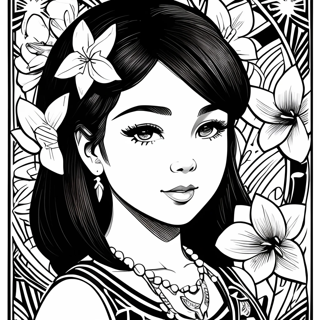 Black and white stick figure 1 girl with daffodil flowers in background, loli in dress with flowers, its fine ink line art, comic style, portrait of polynesian girl, Marilyn Munroe, Hollywood glam, beautiful line art, black and white comic style, manga style, manga art style, pencil and ink caricature drawing, black and white coloring