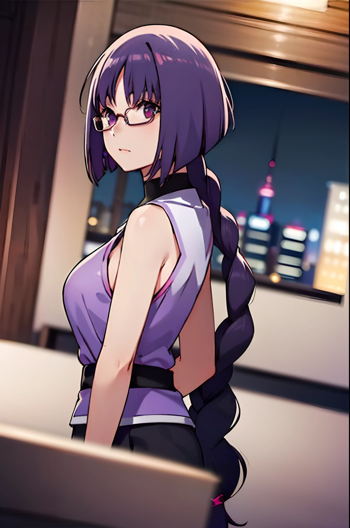 (best quality), (highly detailed), masterpiece, (official art),sumire kakei, single braid, sleeveless jacket, black shorts, wristband, black shirt, looking at viewer, city, night, sky, moon, standing,  upper body,  blurry background, depth of field, best quality, masterpiece, intricate details, tonemapping, sharp focus, hyper detailed, trending on Artstation,1 girl, (((glasses))), ((rim-less eyewear)), secretary uniform, short hair, (((mature female))), tall, beautiful, sexy, medium breast, milf, (eyewear:0.9)