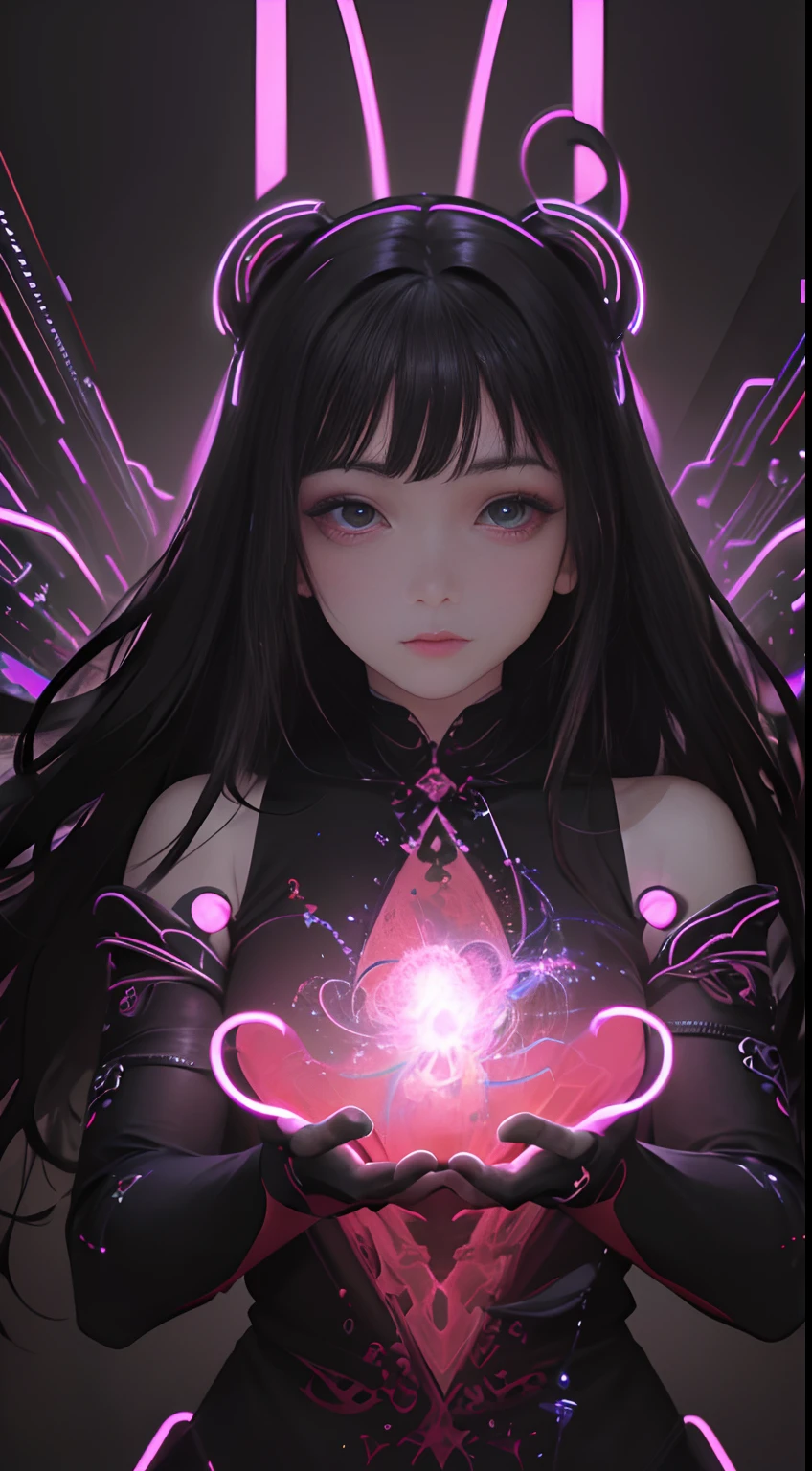 (Masterpiece, Top quality, Best quality, offcial art, Beautiful and aesthetic:1.2), (1girll:1.3), Extremely detailed,(Fractal art:1.2),highest details,( Zen neon:1.2), (Dynamic pose), (Abstract background neon lights:1.5), (black color dress:1.2), (Shiny skin), (many color:1.4), Upper body ,neonlight,16k,Full-HD