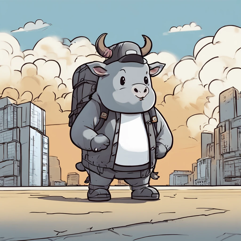 There is a buffalo, wearing a Black hat with two horns on its head, and dressed in grey clothes. Resembling a new Cartoon, with a cute style. A ground-type cartoon. It stands on two legs and is carrying a gray backpack. It's standing on top of a building, surrounded by a cityscape. Its cute stubborn face is endearing. The dominant color scheme is gray-blue. It belongs to the bread-type Cartoon category, with Ken Sugimori's art resembling that of cartoon, as seen on bulbapedia.