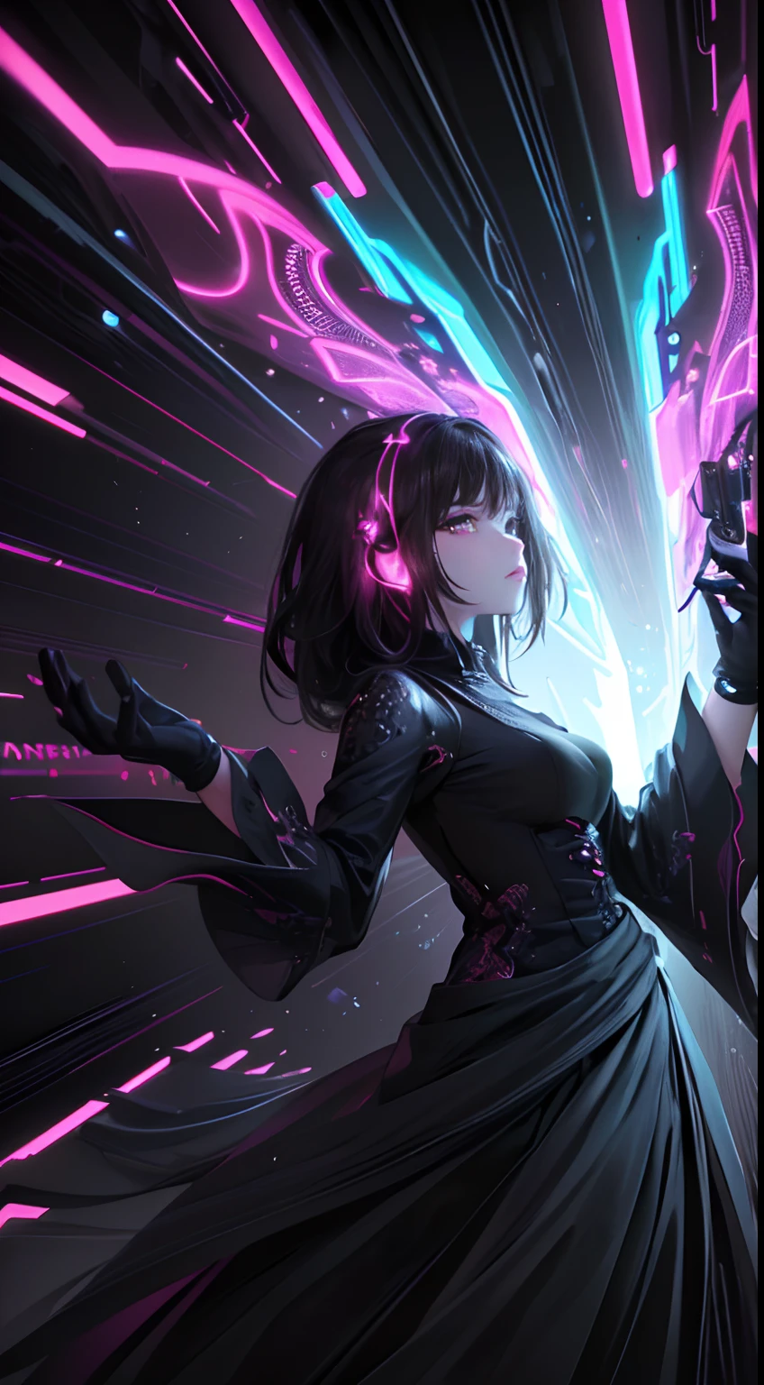 (Masterpiece, Top quality, Best quality, offcial art, Beautiful and aesthetic:1.2), (1girll:1.3), Extremely detailed,(Fractal art:1.2)，highest details,( Zen neon:1.2), (Dynamic pose), (Abstract background neon lights:1.5), (black color dress:1.2), (Shiny skin), (many color:1.4), Upper body ,neonlight,16k,Full-HD