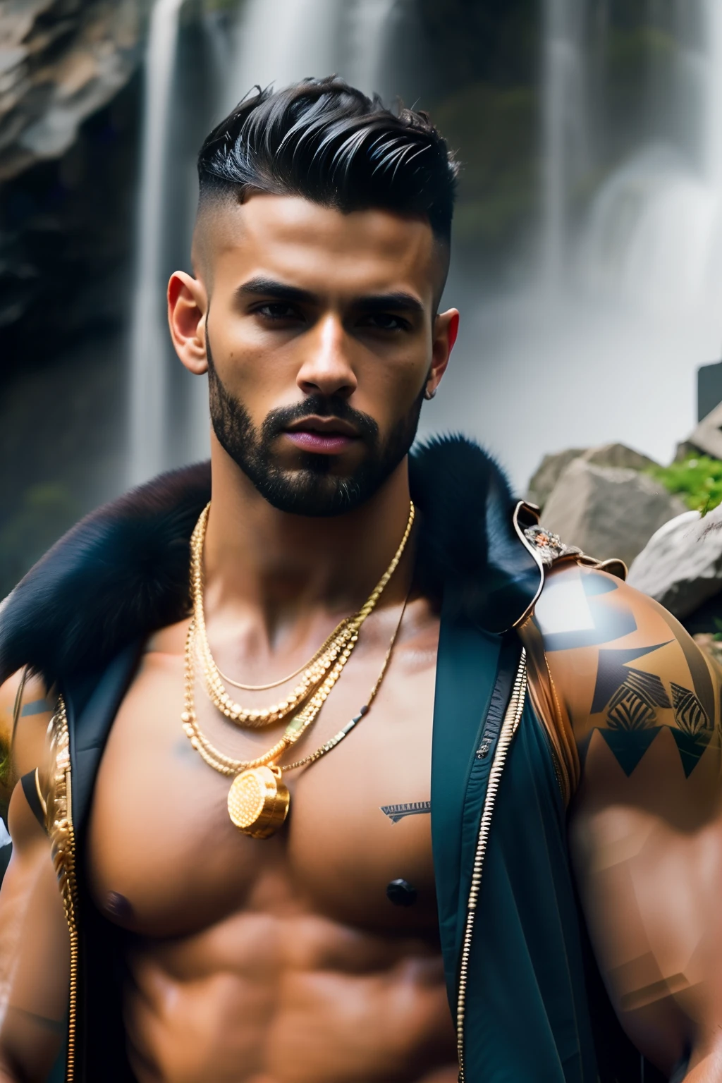 fking_scifi, fking_scifi_v2, portrait of a young, muscular extremely handsome and attractive Brazilian male model, in front of a waterfall, short windy hair, hairy tattooed body, colorful clothing and golden jewelry, close up, regal pose and attitude. fking_cinema_v2.