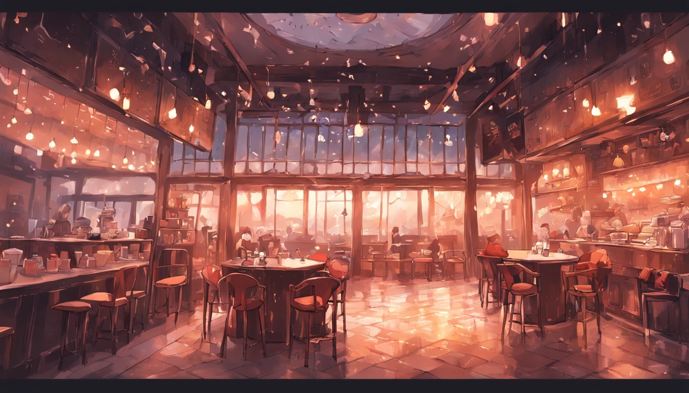 coffeehouse,A tranquil,cozily,floor to ceiling window,rained,inside in room,lamplight,kawa