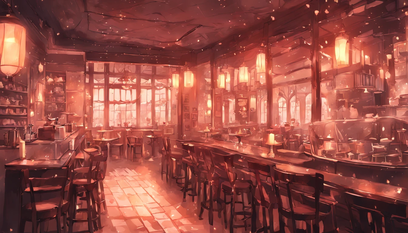 coffeehouse,A tranquil,cozily,floor to ceiling window,rained,inside in room,lamplight,kawa