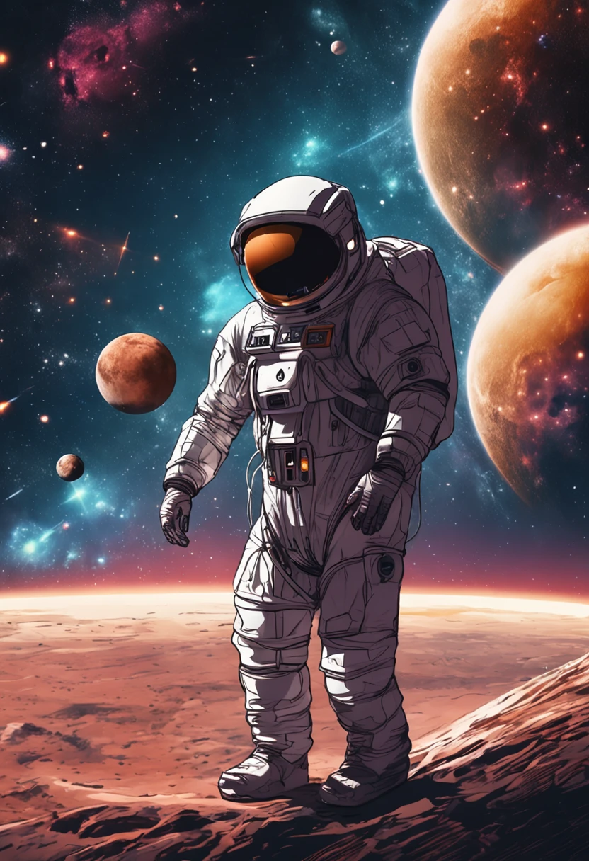 A man in a spacesuit holds a box in space，The background is a glowing moon，There is a starry sky
