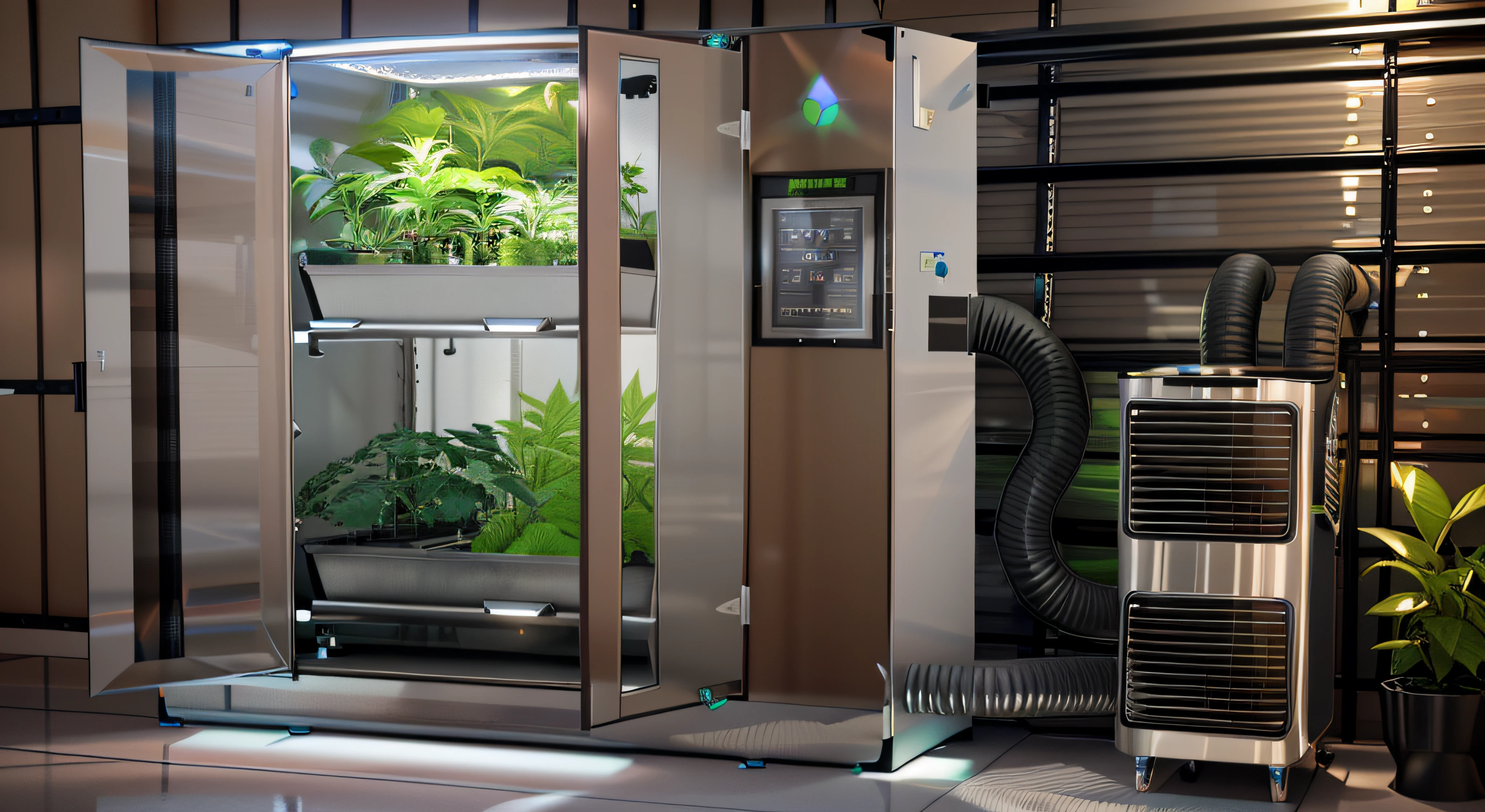 futuristic ((stainless steel)) hydroponic Indoor weed ((grow box)) cabinet on a ((industrial warehouse)), grow cabinet with a touch screen and a separate (air filtering) hose system at its right, grow cabinet with (plants) inside, hydroponic grow cabinet, (((two black trays shelf))), indoor greenhouse cabinet, indoor grow box with air filtering system, warehouse industrial facility, Hydroponic System, LED Grow Lights, Hydroponic Grow Box, Smart Grow Cabinet, LED Grow Box, two chamber cabinet, SuperCloset LED, Automated Hydroponic Grow Box, Hydroponic Growing Systems Cabinet, hydroponic growing system utilizes technology to simulate sunlight, design trend 2023, photorealistic rendering, octane, corona, a digital rendering by Hugo Heyrman, shutterstock, holography, incubator medpods, hyperreal - h 6 4 0, hybrid, nano, cryogenic pods, - h 8 5 0 - w 6 0 0, high res photo, hdrp render, hi-res photo,  incubator medpods, hyperreal - h 6 4 0, hybrid, nano, cryogenic pods, - h 8 5 0 - w 6 0 0, high res photo, hdrp render, hi-res photo, with 3 d render, with 3d render, rendering of the windigo, (((photorealistic))), octane render, RAW photo, detailed big plants