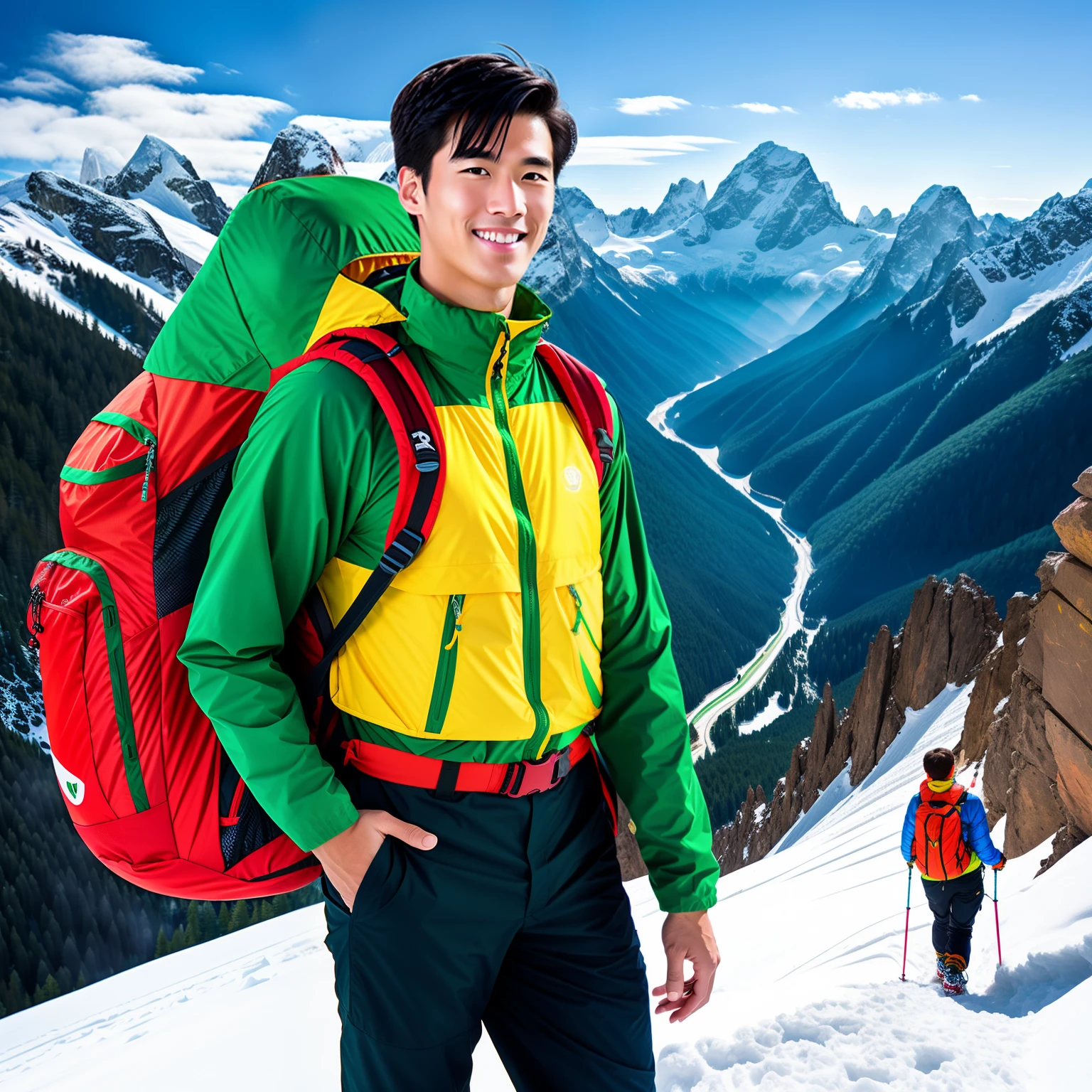 Make a WeChat avatar,Disney anime style,schoolboy,Tall and handsome,On high-altitude snowy mountains,Carry a large-capacity professional hiking bag,Wear professional hiking clothing,Pestle climbing cane
