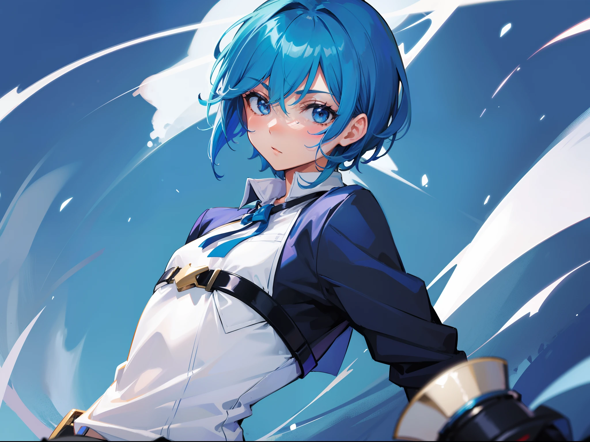 ((Best quality)), 1girl, (androgynous), short hair, king blue hair