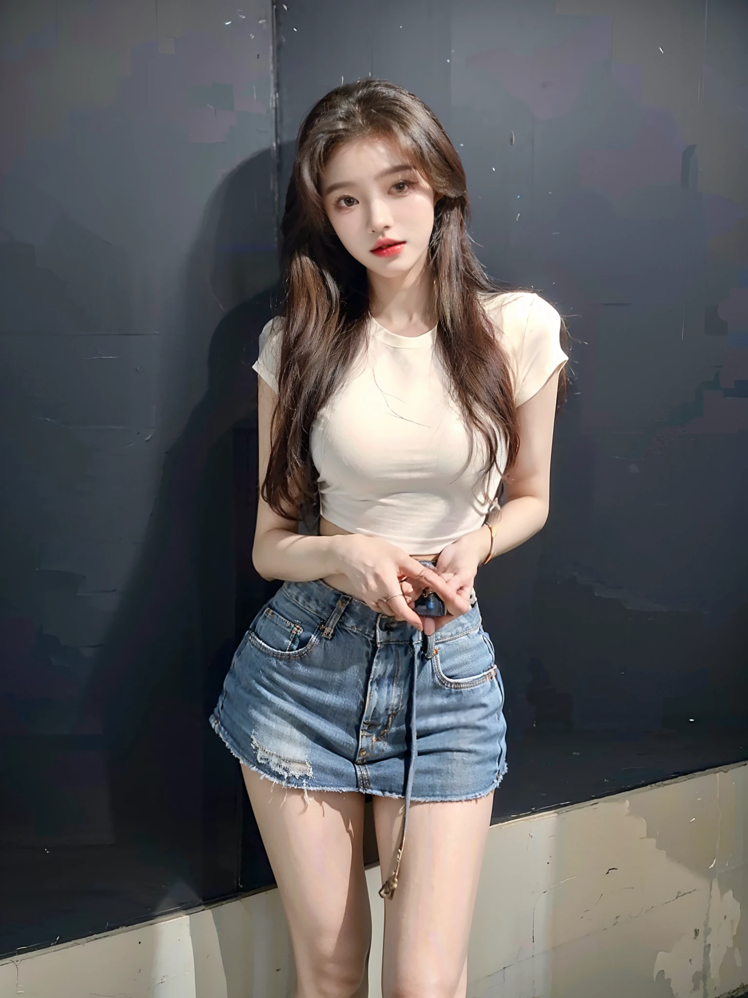 Close-up of a woman in a short skirt and white shirt, jaeyeon nam, Choi Hyun-hwa, ulzzangs, sun yunjoo, skinny waist and thick hips, Shin Jinying, Korean girl, 2 4 year old female model, Lee Ji-eun, lee ji eun, with ripped crop t - shirt, tzuyu from twice，（（（Open-mouthed））），（（（teeth））），seductiv