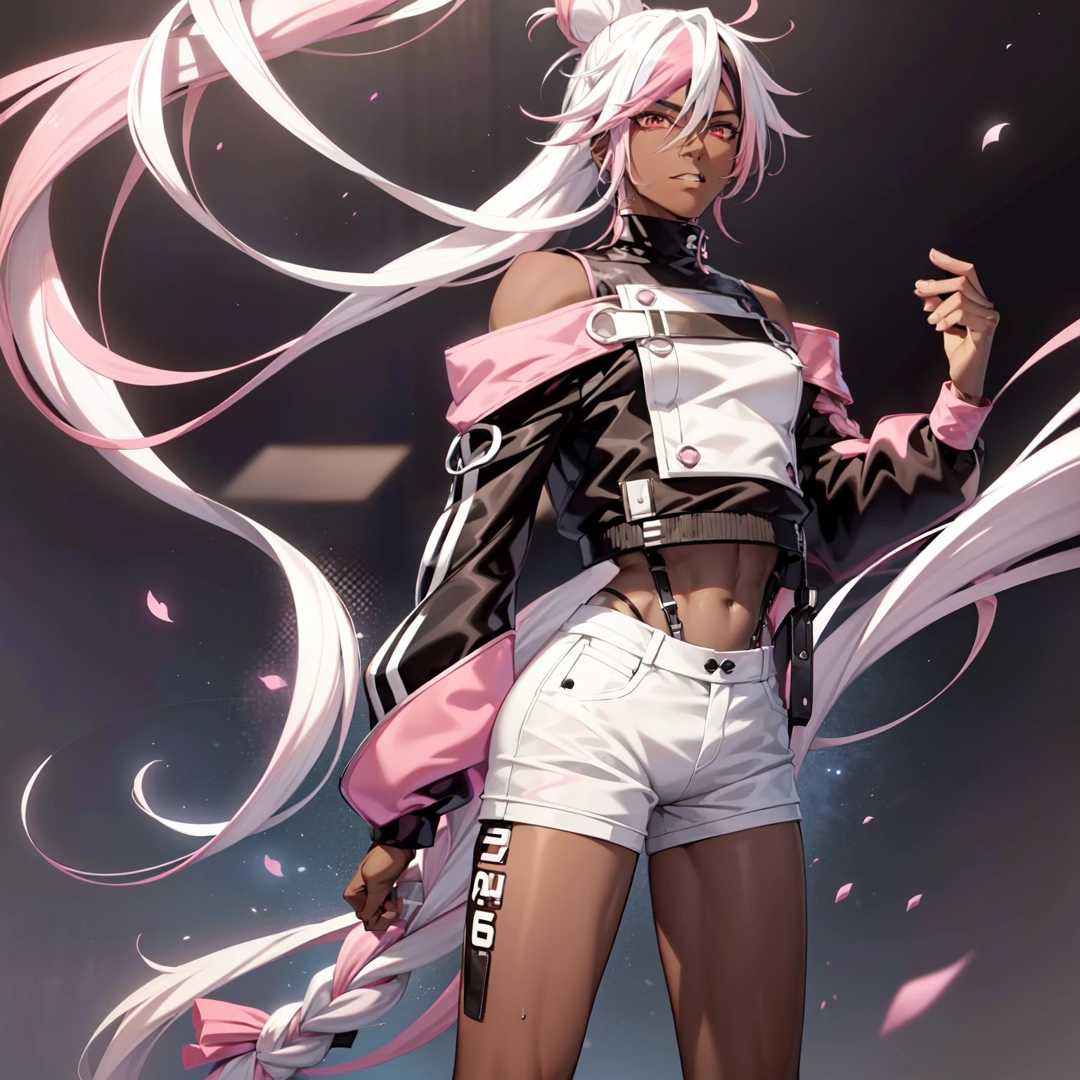 ((anime boy )), ((androgynous)),((dark skin)), ((long white hair:1.75)), (( pink hair streaks:1.5)),(( hair Styled into a Bun and braided ponytail )),((Red eyes)) , (Tall),(thin, average hips),(White half jacket), ((hot pink Crop top)) ,(Skimpy white shorts) , pink heart face mark on cheek)) ,((evil aura)), smile , ((Pop Idol)) , ((yandere: 1.5)), ((Masterpiece)), High Aesthetic, ((high quality )),((1boy, Solo))