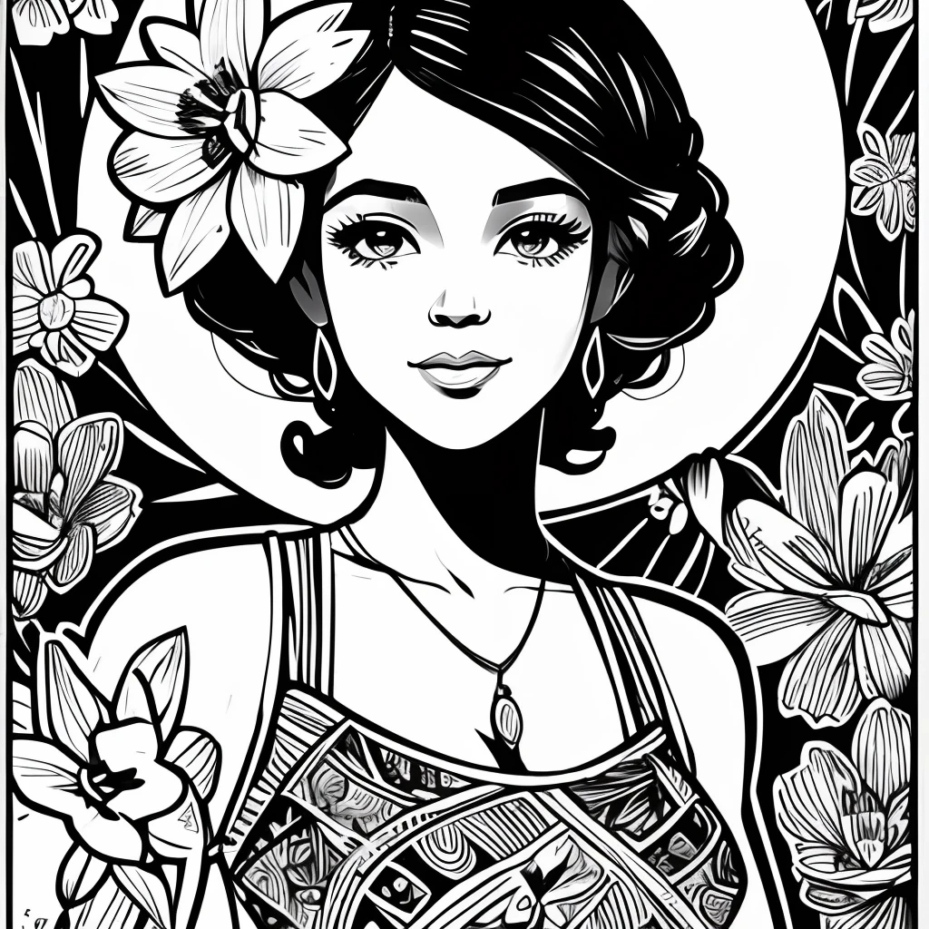 Black and white stick figure 1 girl with daffodil flowers in background, loli in dress with flowers, its fine ink line art, comic style, portrait of polynesian girl, Marilyn Munroe, Hollywood glam, beautiful line art, black and white comic style, manga style, manga art style, pencil and ink caricature drawing, black and white coloring