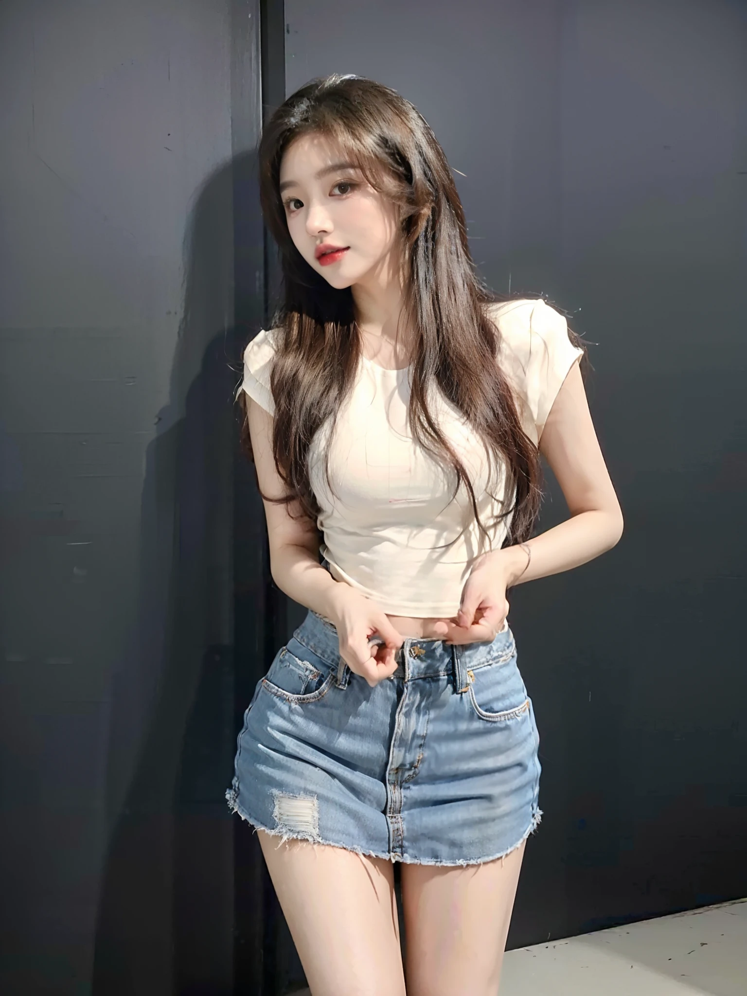 Close-up of a woman in a short skirt and white shirt, jaeyeon nam, Choi Hyun-hwa, ulzzangs, sun yunjoo, skinny waist and thick hips, Shin Jinying, Korean girl, 2 4 year old female model, Lee Ji-eun, lee ji eun, with ripped crop t - shirt, tzuyu from twice，（（（Open-mouthed））），（（（teeth））），seductiv