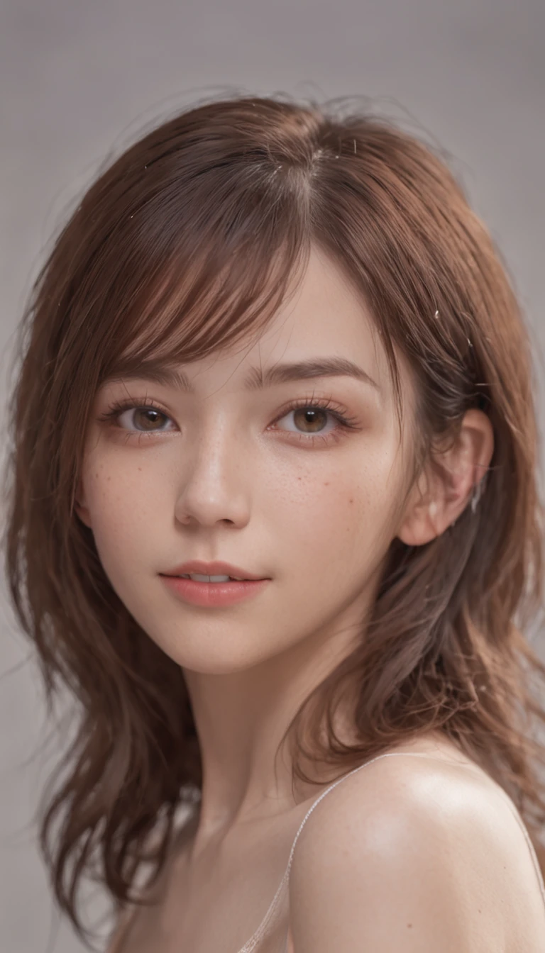 1 girl, alone, Beautiful Skin, very detaileded, ultra detaileded, Ultra-high resolution, (Photorealism:1.4), (highest quality), (Best Shadow), detailed, Perfect lighting, Black Hair, ((Showpiece, highest quality, High precision)), One Girl, (Realistic: 1.4), (look up at the camera even a little, カメラをlook up, look up, look up at the camera, Looking into the camera))), alone, White Background, snow-White Background, shut up., smile, pretty Black Hair, short hair:1.6, Big eyes, Beautiful double eyelids, eyelash, listen, Long neck, 美しいLong neck, Absolute area, ((Face close-up, short hair with bangs、Short Bob Hair:1.5、Off the shoulder)), 19 years old, Attractive proportions, Shiny skin, Beautiful clavicle, Golden ratio face, Perfect Face, Teardrop-shaped mole, Mole on chest, bangs, clean bangs, beautiful bangs, Lip gloss, Thin lips, White skin, I took off my clothes, Small face, Small face, 少し上を向いてLooking into the camera, ((smile a little for the camera, really nothing pure White Background, Listen carefully, big 胸、Dynamic Angle:1.5、Workplace Safety:2))