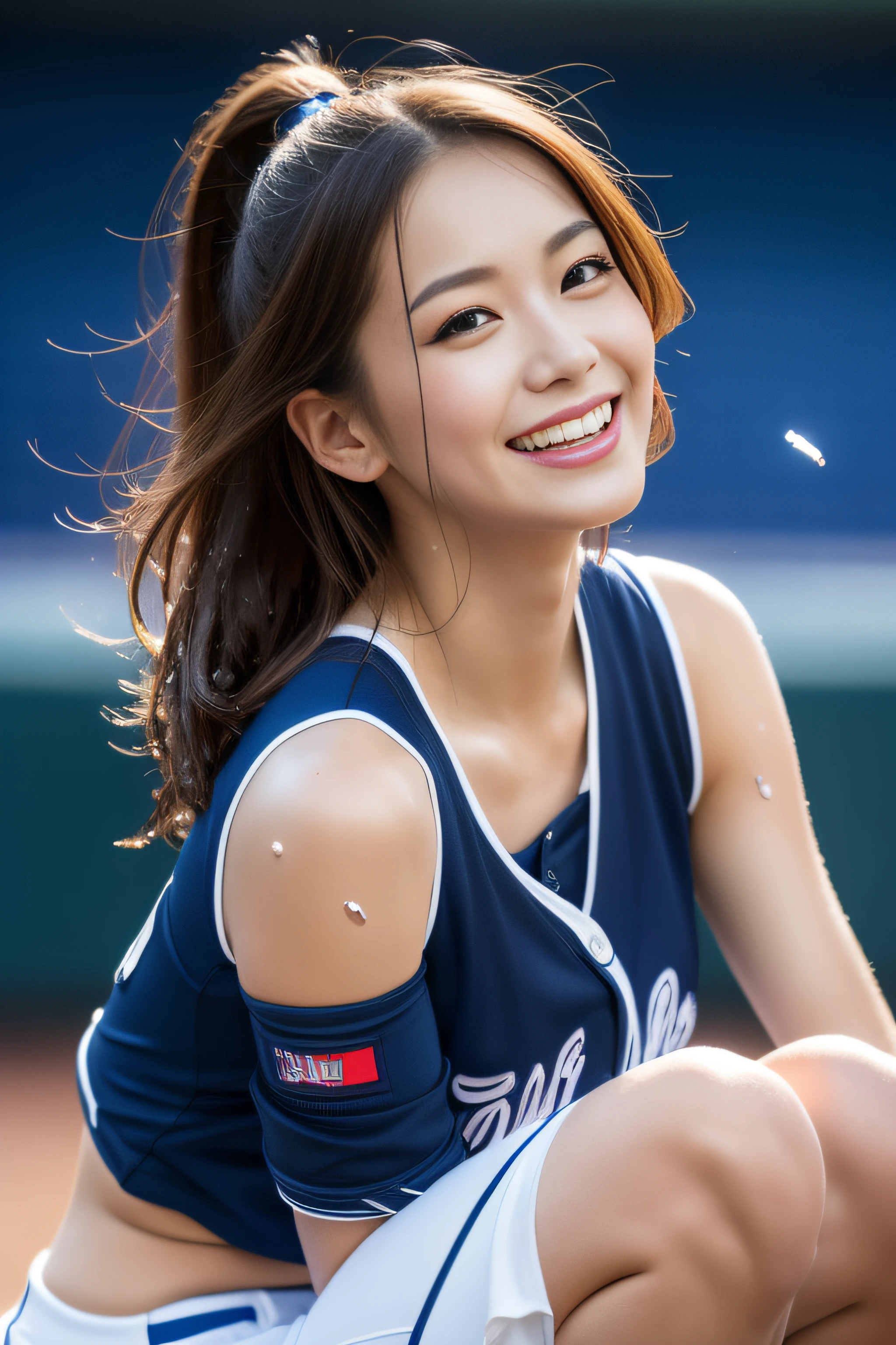 (Best Quality, 8k, 32k, Masterpiece, UHD:1.2), (1 slender woman of Japan, 28 years old, tall gravure model), Dark Brown Hair, Bright in the foreground, Professional Lighting, Photon Mapping, Radiosity, shading:1.3, (High Definition Skin:1.2), huge breasts:1.5, (shorts, Exposed Shoulder:1.1), squatting with legs open, ((provocative dynamic pose)), (she is wet), Top-Down View:1.5, (baseball Uniform:1.1, ), Ultra Detailed Face, Detailed Lips, Detailed Eyes, Double Eyelids, Inside the Stadium, looking camera, (sensual gaze to the photographer, lips slightly open) clear sky, baseball stadium, Spectators get excited, confetti flies, Happy smile,