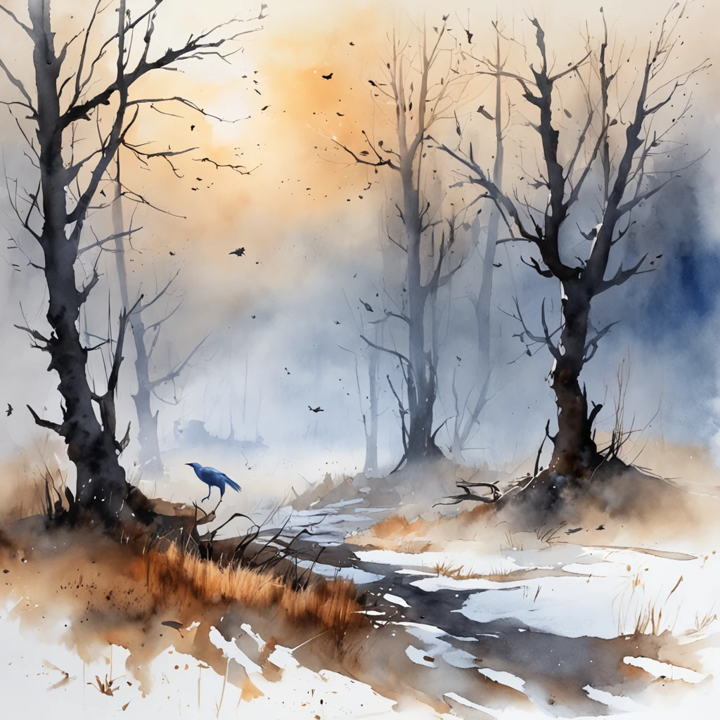 Two crows on a dead tree, A shadow shaped like a walker, Starry night, Thick fog on the ground, Blue light on the horizon, Unreal Engine 5, Cinematic, low angle photography, Motion blur, Depth of field, Dust, Cobblestones and dirt. Splash Art, dripping paint. Perfect color grading. Influenced by Karel Appel and Jeremy Mann, Full of dramatic and threatening scenes, Hyper-detailed, Beautiful, insanely details, Intricate details, editorial photography, shot with a 50mm lens, Depth of field, Tilt Blur, Shutter speed 1/1000, f/22. Lightmaps, Super bright