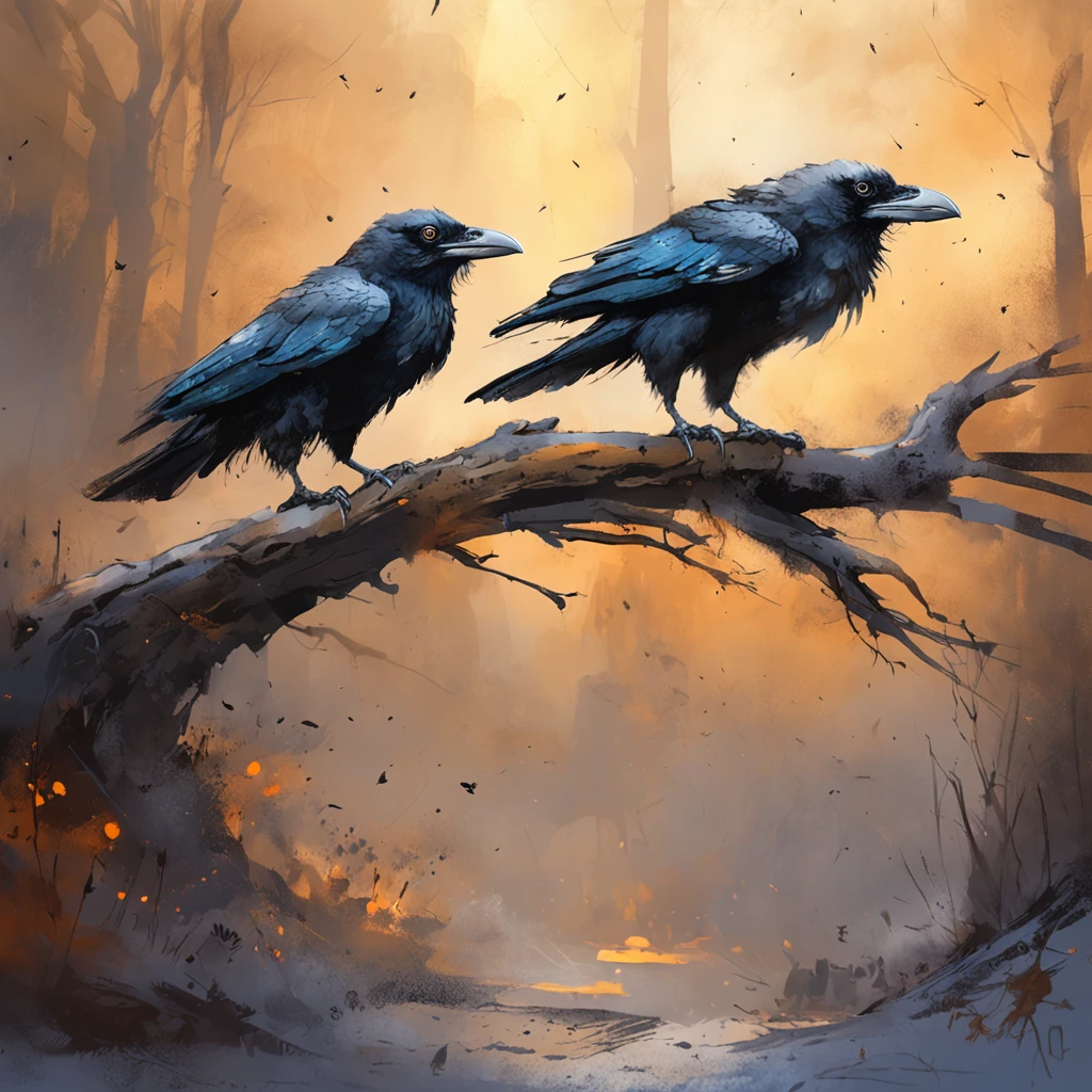 Two crows on a dead tree, A shadow shaped like a walker, Starry night, Thick fog on the ground, Blue light on the horizon, Unreal Engine 5, Cinematic, low angle photography, Motion blur, Depth of field, Dust, Cobblestones and dirt. Splash Art, dripping paint. Perfect color grading. Influenced by Karel Appel and Jeremy Mann, Full of dramatic and threatening scenes, Hyper-detailed, Beautiful, insanely details, Intricate details, editorial photography, shot with a 50mm lens, Depth of field, Tilt Blur, Shutter speed 1/1000, f/22. Lightmaps, Super bright