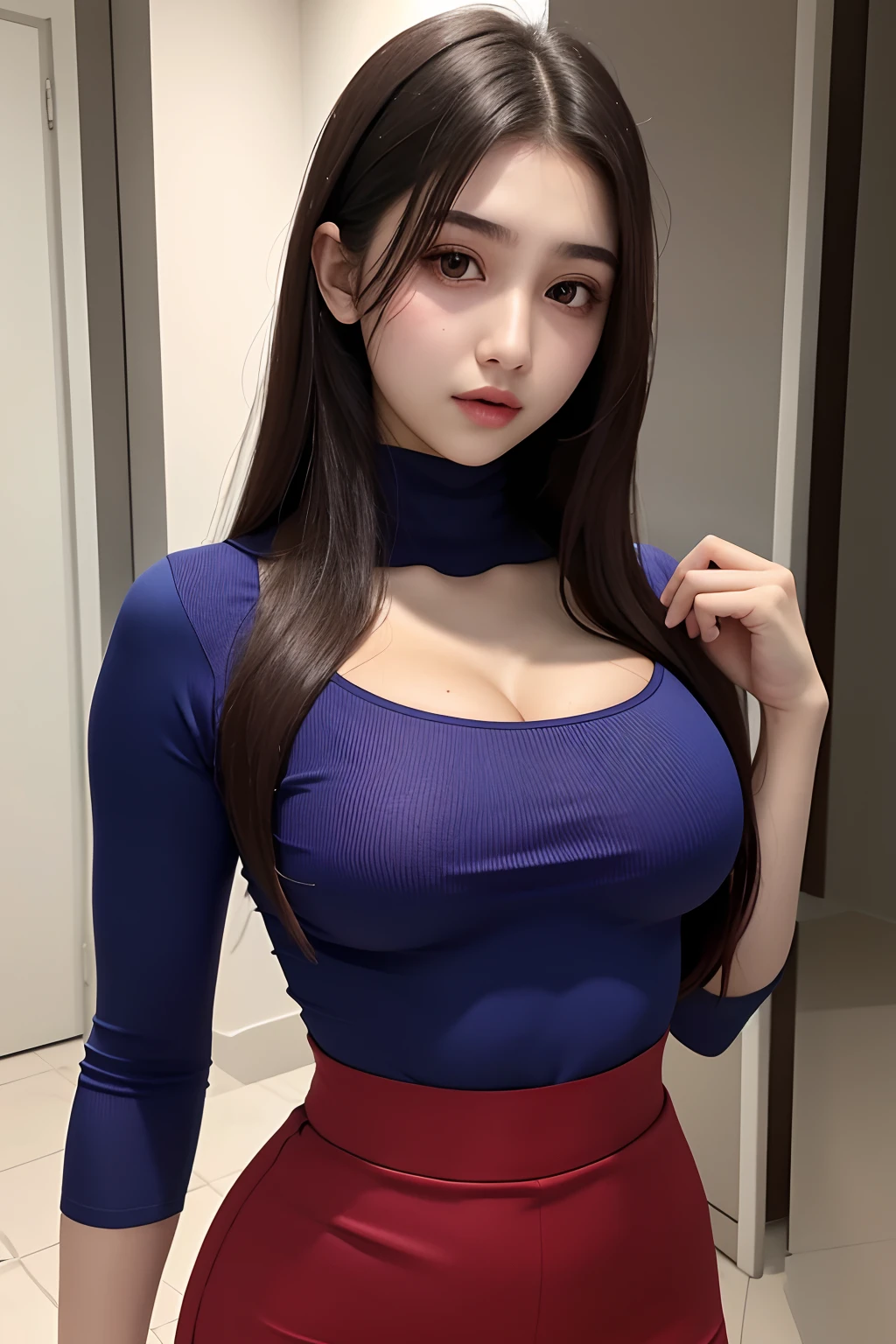a beautiful yo Turki woman, tight shirt, high waist short skirt, detail body and face. Cleavage, small breast
