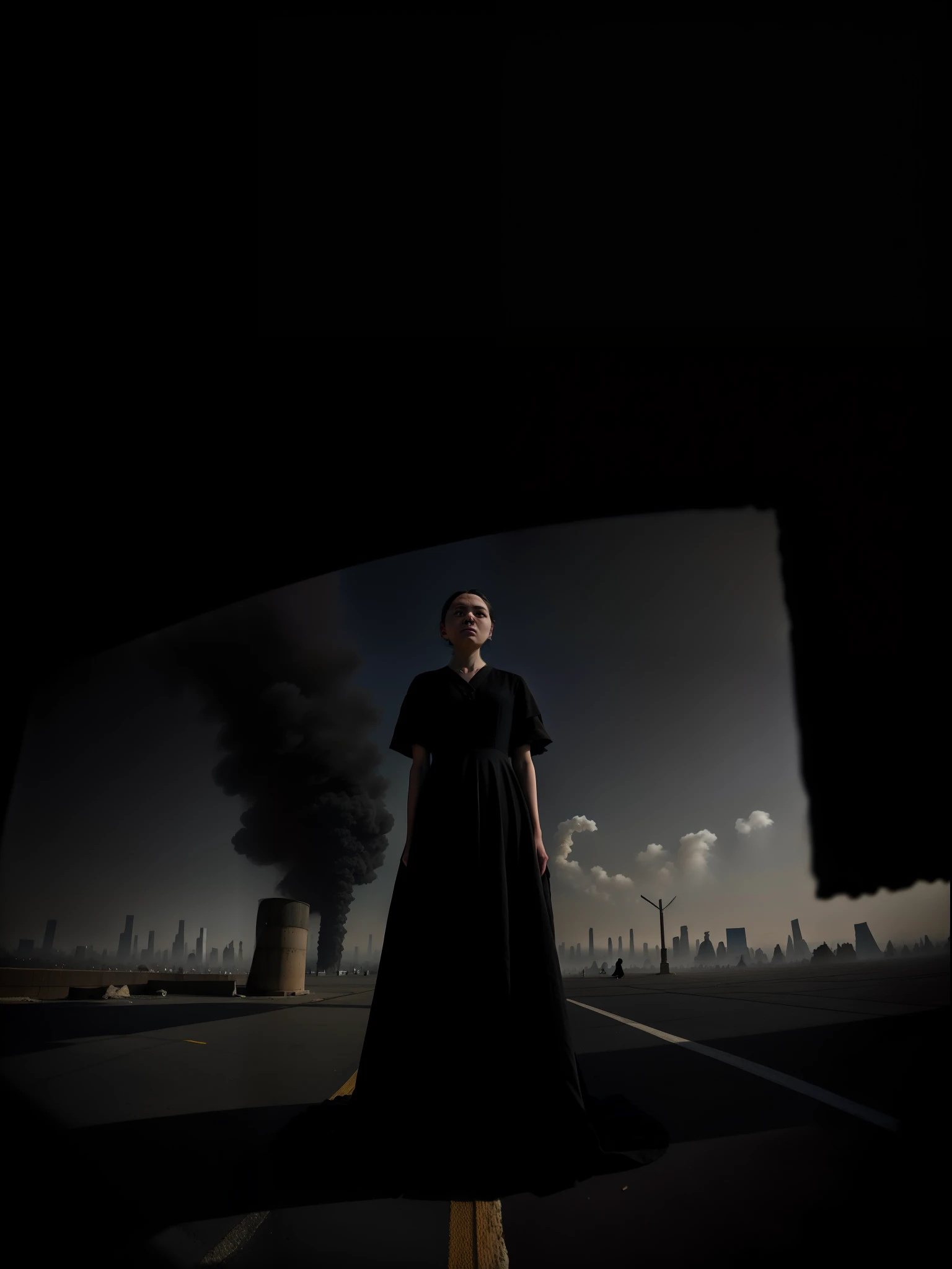 low perspective,Color blasting,smog,grain sense,The perspective is correct,Realiy,Photographic works,Farewell to the middle view,A woman in a black gauze dress stands in the middle