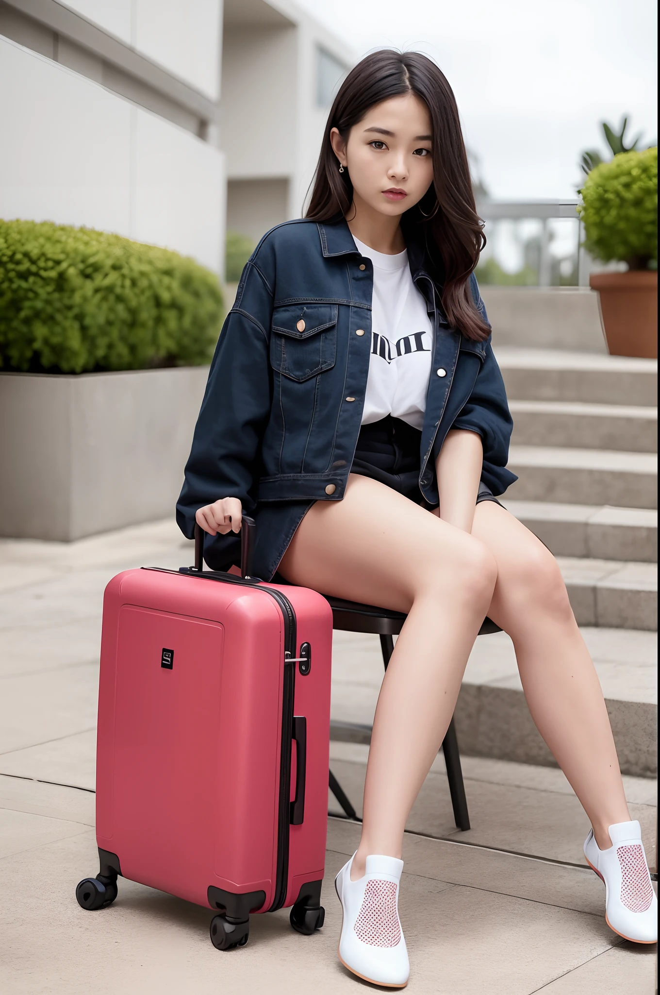 The woman sits on the steps,Wear a red suitcase and shoes, Luggage, 🕹️ 😎 🔫 🤖 🚬, in suitcase, 🕹️ 😎 🚬, only red colour, traveling clothes, 🤬 🤮 💕 🎀, 🦩🪐🐞👩🏻🦳, f / 2 0, colours, 480p, 4 8 0 p