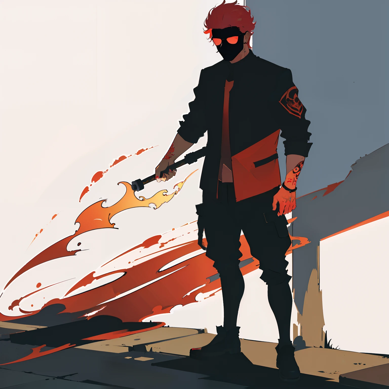 A cool shadow man, standing, red flaming tattoo on body