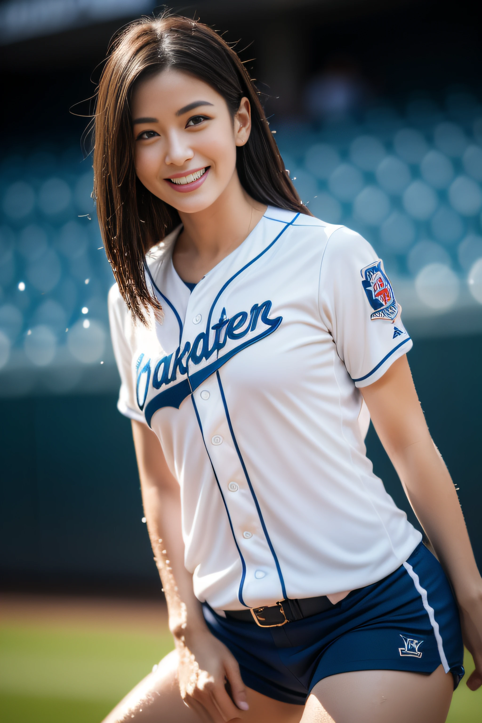 (Best Quality, 8k, 32k, Masterpiece, UHD:1.2), (1 slender woman of Japan, 28 years old, tall gravure model), Dark Brown Hair, Bright in the foreground,  Professional Lighting, Photon Mapping, Radiosity, shading:1.3, (High Definition Skin:1.2), huge breasts:1.5, (shorts, Exposed Shoulder:1.1), squatting with legs open, ((provocative dynamic pose)), (she is wet), Top-Down View:1.5, (baseball Uniform:1.1, ),  Ultra Detailed Face, Detailed Lips, Detailed Eyes, Double Eyelids, Inside the Stadium, looking camera, (sensual gaze to the photographer, lips slightly open) clear sky, baseball stadium, Spectators get excited, confetti flies, Happy smile,