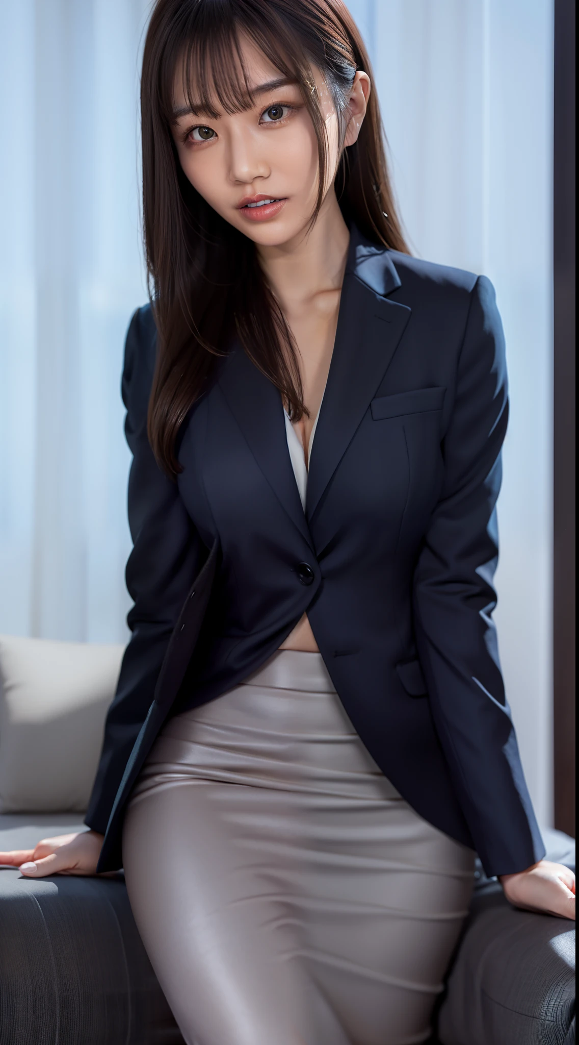 Japan woman in blue suit sitting on bed, Wearing a strict business suit, in a strict suit, wearing a business suit, a sexy girl, wearing tight suit, Wearing a business suit, girl in suit, wears a suit, with a business suit on, Girl in a suit, luxurious suit, in a business suit, elegant suit, Cute elegant pose, Detailed Face, Detailed Hands, wearing skirt