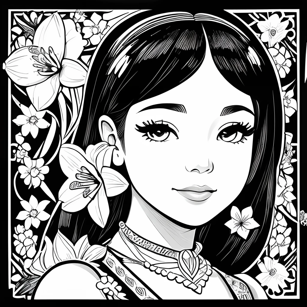 Black and white stick figure 1 girl with daffodil flowers in background, loli in dress with flowers, its fine ink line art, comic style, portrait of polynesian girl, Marilyn Munroe, Hollywood glam, beautiful line art, black and white comic style, manga style, manga art style, pencil and ink caricature drawing, black and white coloring