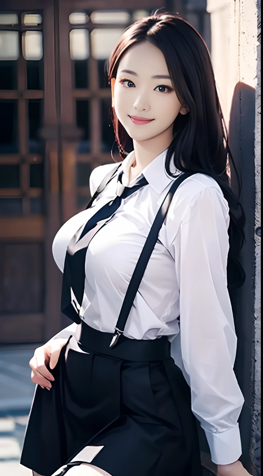 a black skirt, Neck tie, Cut the shirt，Suspenders, Long black hair, Gray eyes, Holster, leg-garter, , Big breasts, Pichi Pichi clothes, Smiling，Realistic beauty，Chinese beautiful woman，1girl，18yr old，