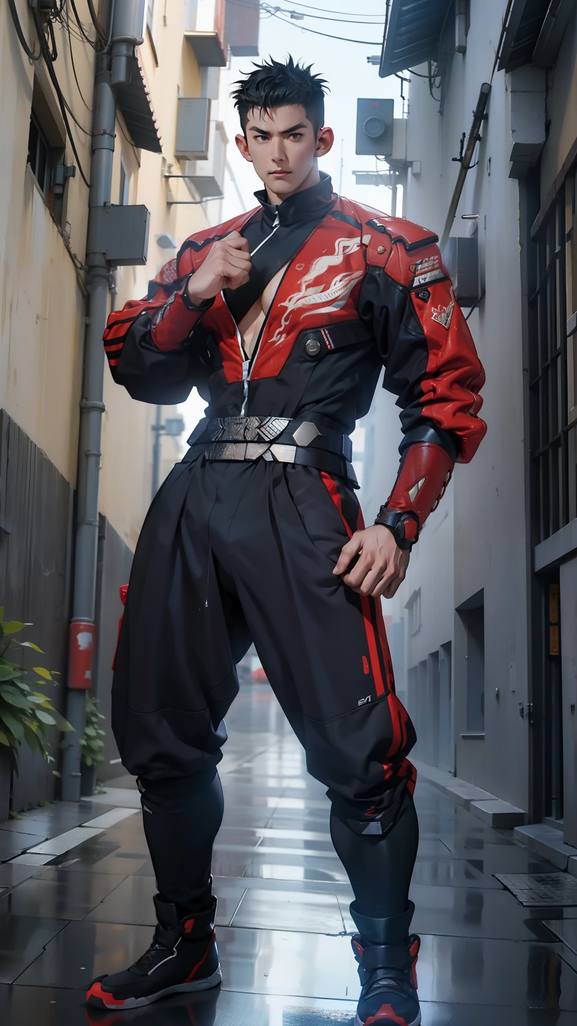 A tall muscular boy , Naked , Legs spread , （The whole body of the character），impact , Sweaty , Wet , Seductive , Bigboobs , large bulge , big balls ,, From the knees , big assa，mechs，punky style，Wu Yifan