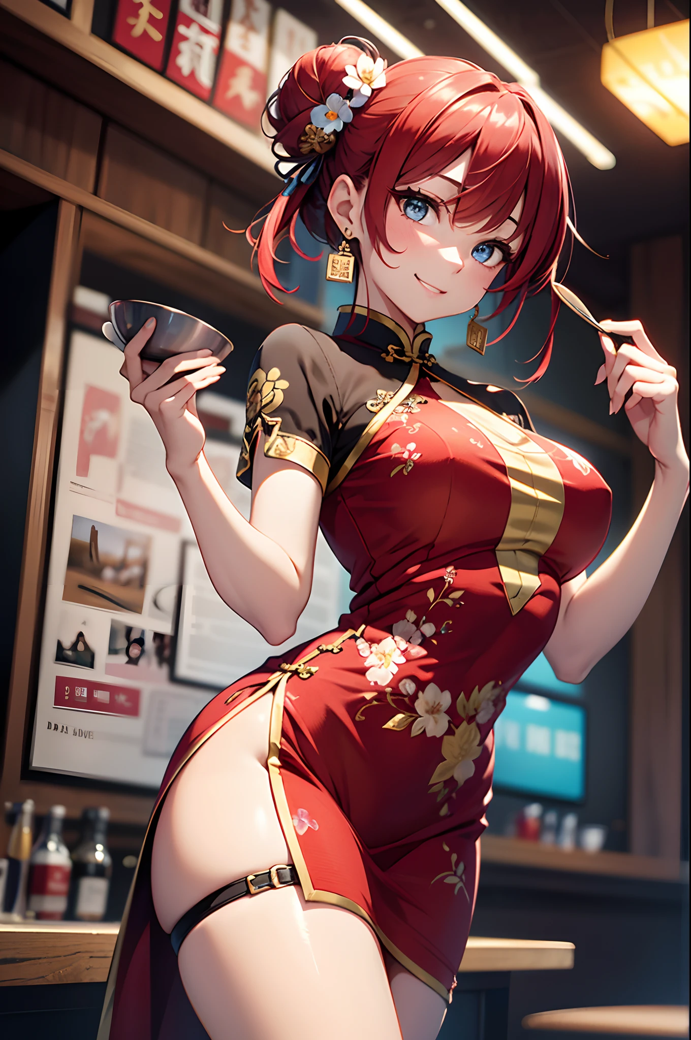 (Best Quality、in 8K、32K、masutepiece、ultra-detailliert、超A high resolution、Impresionismo、Photorealsitic:1.2)、dynamic shot、Detailed 3D rendering、Moody lighting、Detailed beautiful face and eyes、A slender、Medium bust、Full body、 Highly detailed background、Chinese Restaurant、Carry dishes、beauitful face、blurry backround、20-year-old beauty、super detailed skin、Red hair、short-hair、Double bun、Blue eyes、Red cheongsam with gold thread embroidery、Wearing high heels、Floral hair ornament、miscievous smile、(thighs thighs thighs thighs:0.9)、dynamicposes、