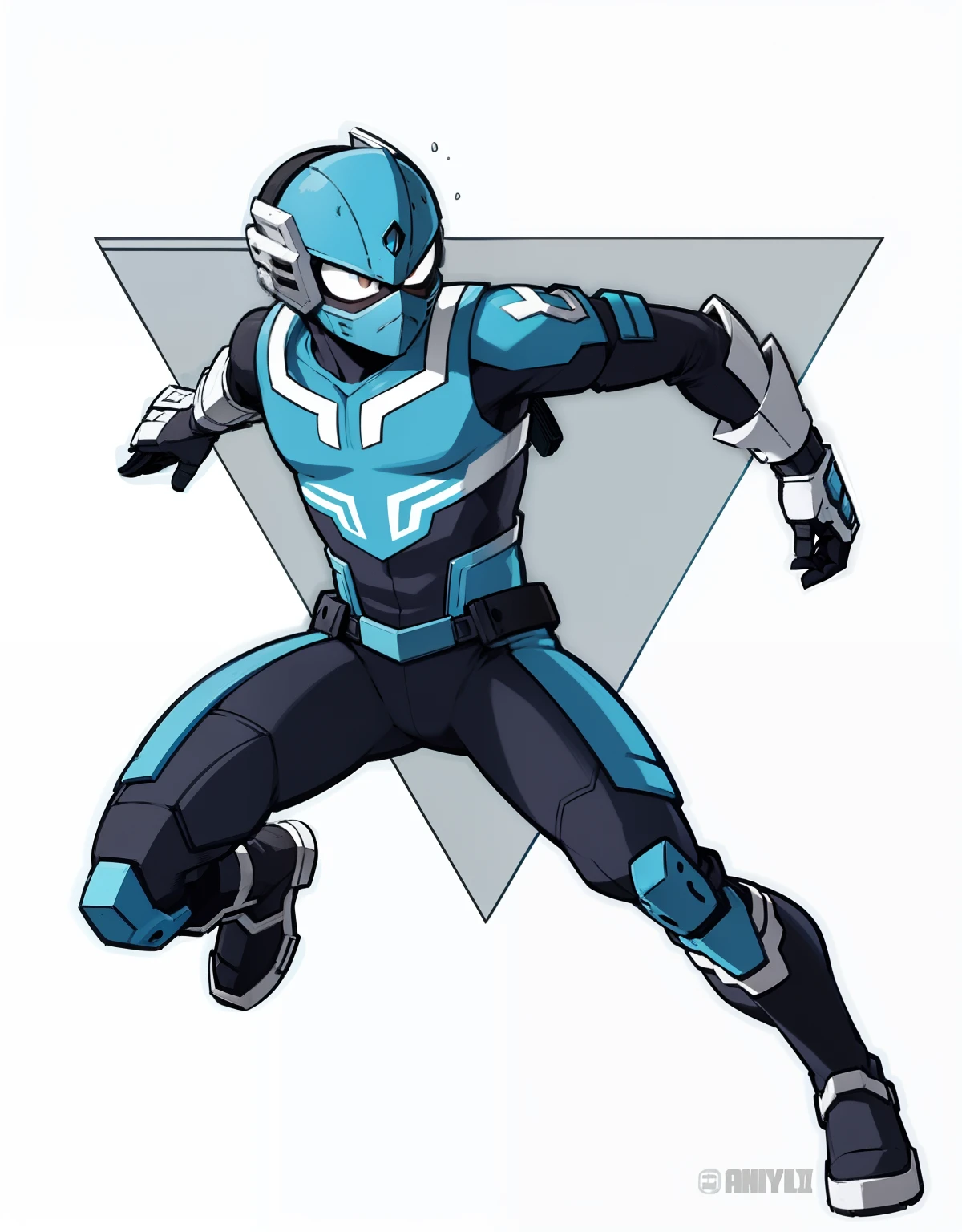 My Hero Academia style, anime boy, male, young male, trending on artstation pixiv, (full body shot:0.5), head covering, helmet, face covering, mask, hero suit, full body suit, blue suit, Perfect anatomy, Super Detailed,