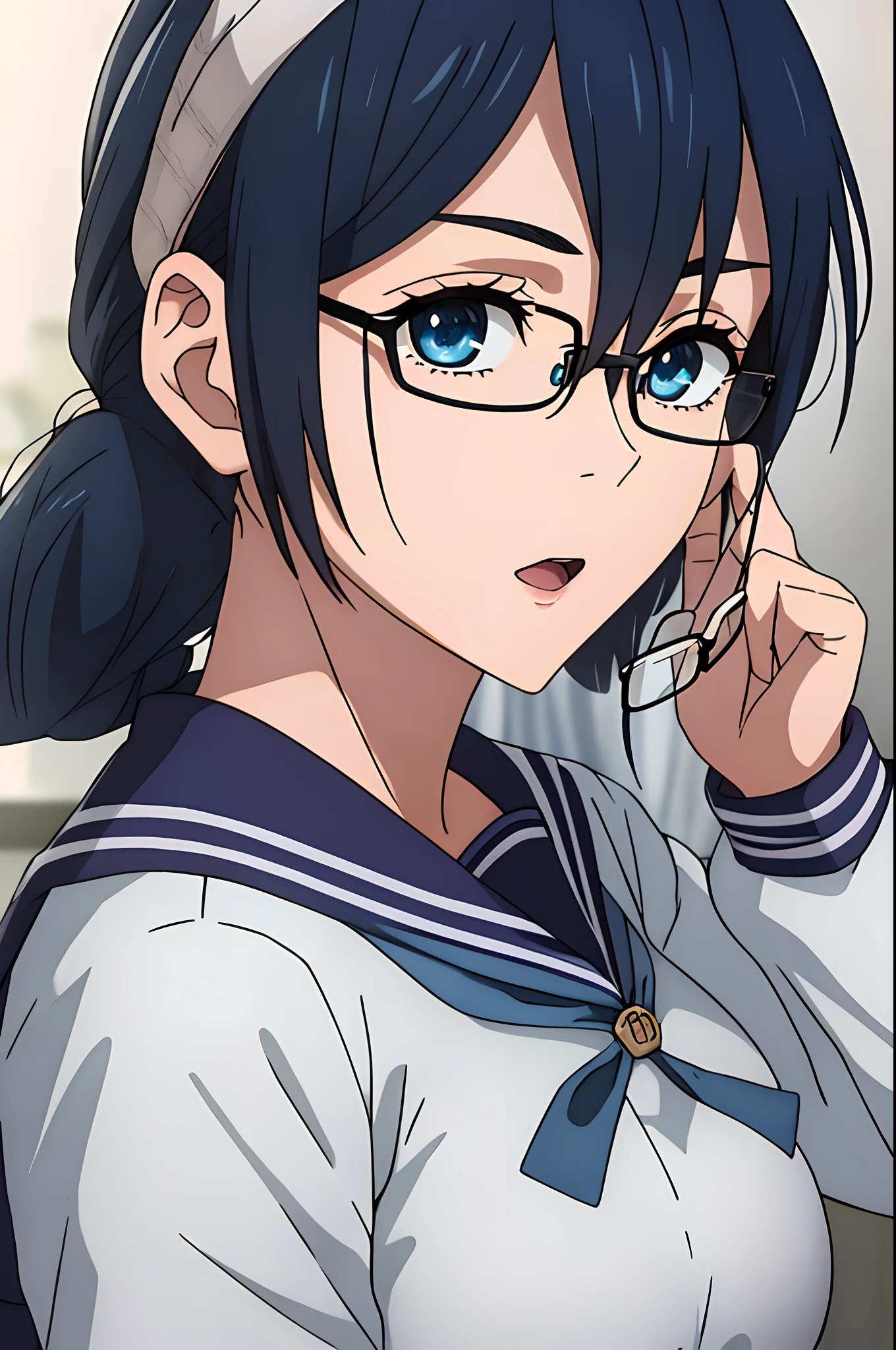 1girl, solo, school, masterpiece, professional artwork, famous artwork, perfect face,(glowing eyes:1), beautiful face,  Riko, school uniform, serafuku, blue eyes, looking up, headband, blue hair, open mouth, cowboy shot, full body, (((glasses))), ((rim-less eyewear)), secretary uniform, short hair, (((mature female))), tall, beautiful, sexy, medium breast, milf, (eyewear:0.9)