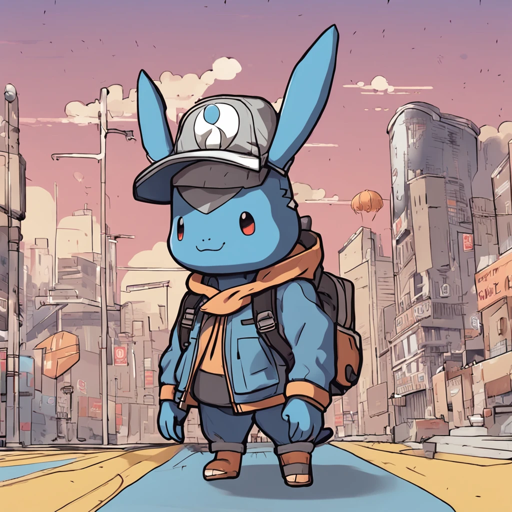 There is a boy, wearing a hat with two horns on its head, and dressed in clothes. Resembling a new Pokémon, with a cute style. A ground-type Pokémon. It stands on two legs and is carrying a gray backpack. It's standing on top of a building, surrounded by a cityscape. Its cute stubborn face is endearing. The dominant color scheme is gray-blue. It belongs to the bread-type Pokémon category, with Ken Sugimori's art resembling that of Pokémon, as seen on bulbapedia.