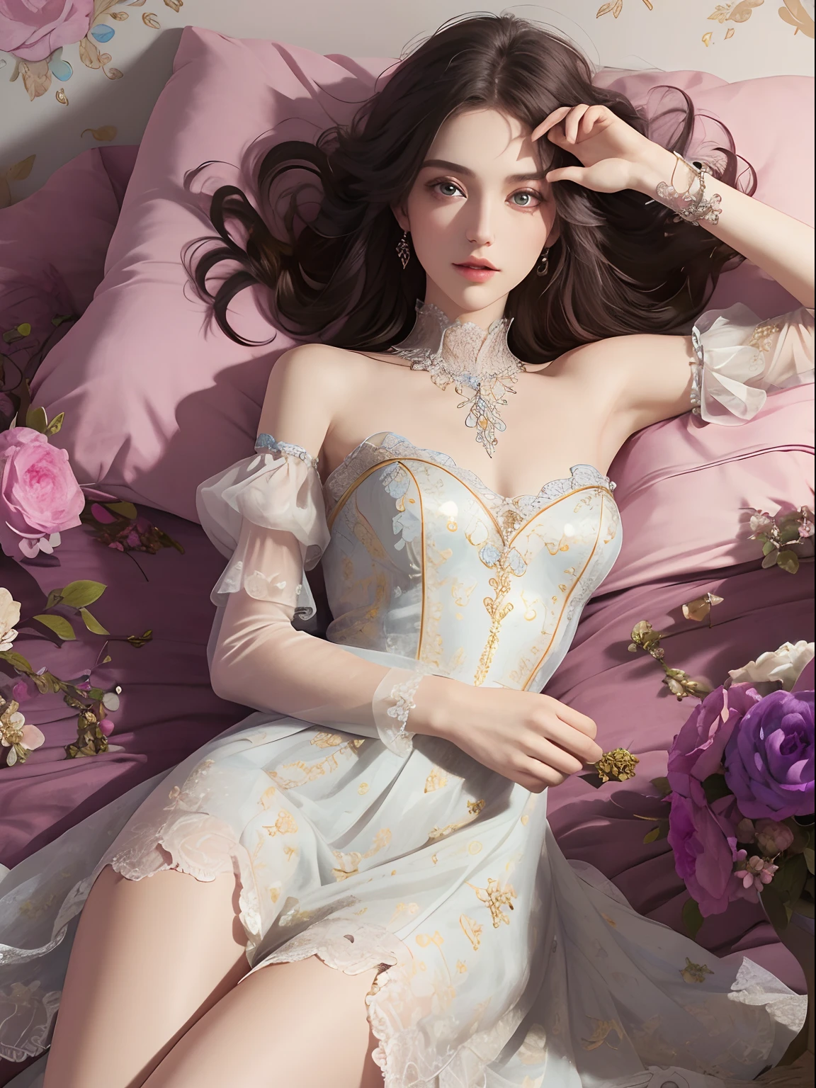 1 mature woman with black short hair with fringe (hair flying on the air) (blue eyes) white and blue princess clothes, (masterpiece), soft sun light, (incredibly colorful), lightning falling on the ground, soft light on her face, (ultra high quality), (8K quality), depth of field, ambient lighting, ((soft detail)), blue rose field background (blue rose petals flying on the air), she is ((laying)) in the middle of flower field, white lighting effects, (realistic: 1.3), (max sharp) (detailed face) (detailed eyes), detailed lighting, perfect shadow, Masterpiece, best picture quality, nature landscape full of delicate leaves, petals of various colors slowly falling in the air, lighting excellent enough, overall picture quality very detailed and realistic, best illustration and best shadow effect.