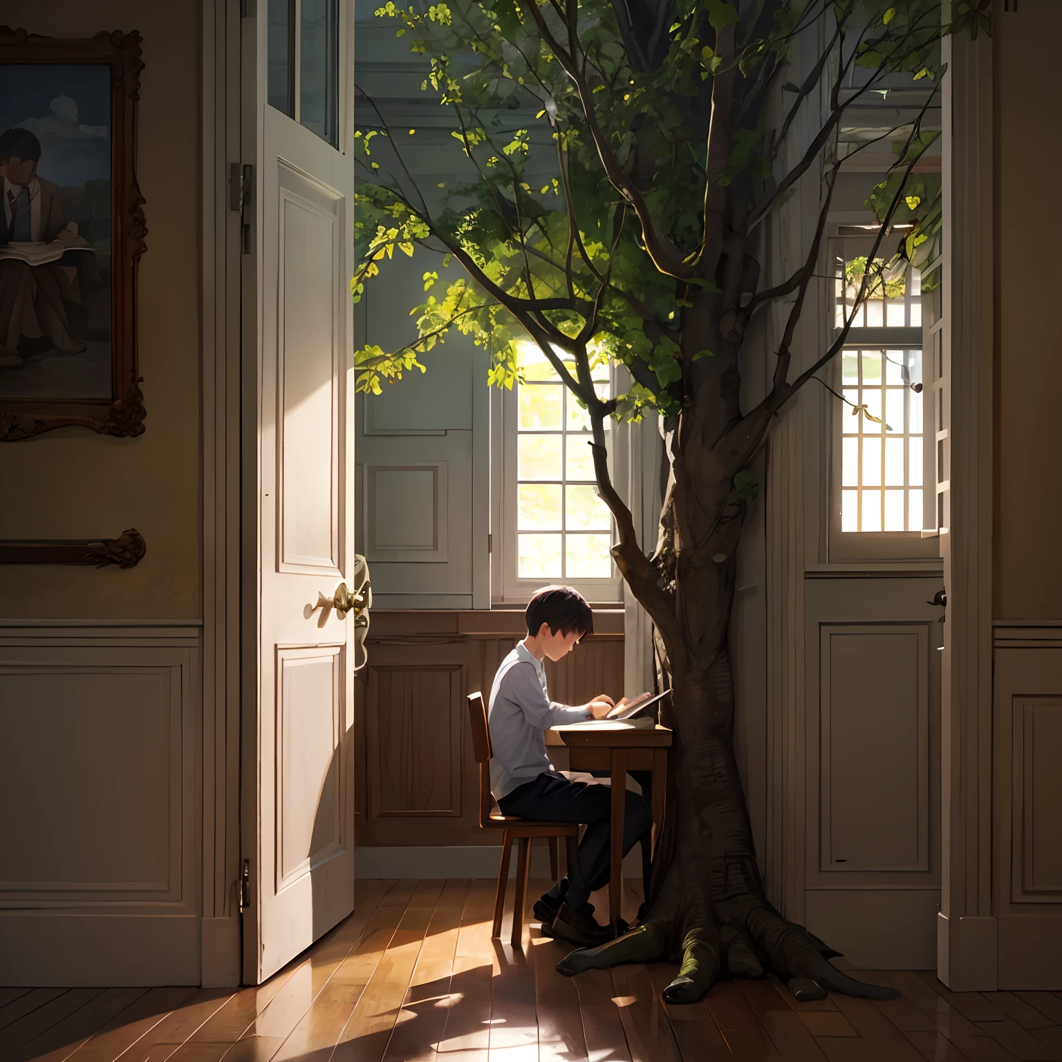 +a schoolboy studying with a tree by the door frame