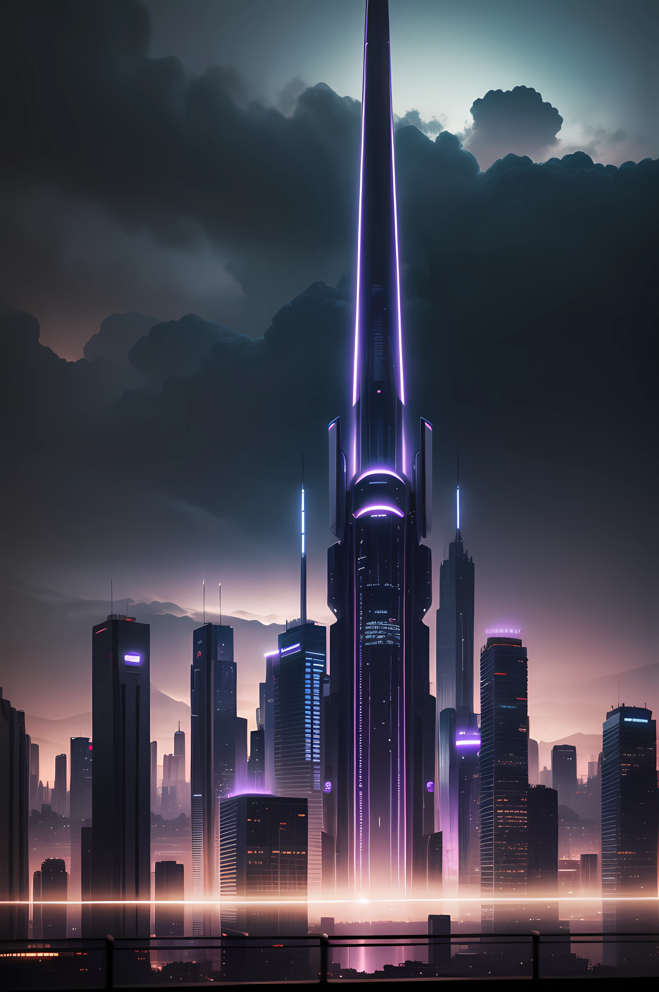 Ciudad futurista, 8K, hiperrealista. Grandes rascacierlos, iluminados desde abajo. Futuristic and dystopian. Con trenes y metros por todos lados. Todo en tonos azules, verdes, violets and purples. Bajo la lluvia, con reflejos de luces, long shutter type. Bokeh.