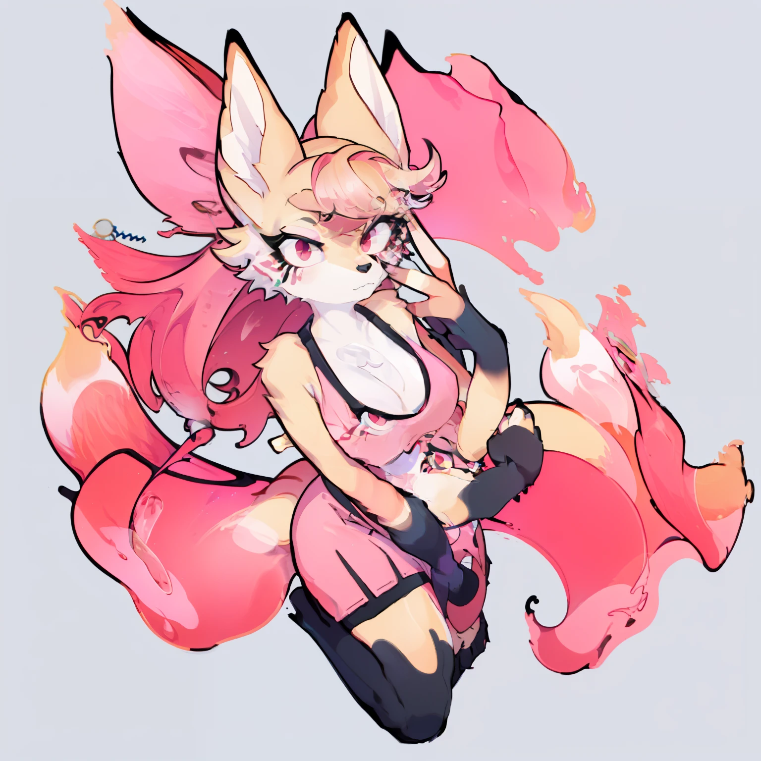 Queen Bee (Helluva Boss), 1girl, you anthro, humanoid, long liquid honey hair, multicolored hair, four arms, tail, long eyelashes, yellow fur, long ears, red eyes, fairy wings, fox, detailed eyes, furry, pink clothes, perfect anatomy, light pink shorts, black stockings, pink sholder crop-tops, black low-cut bra