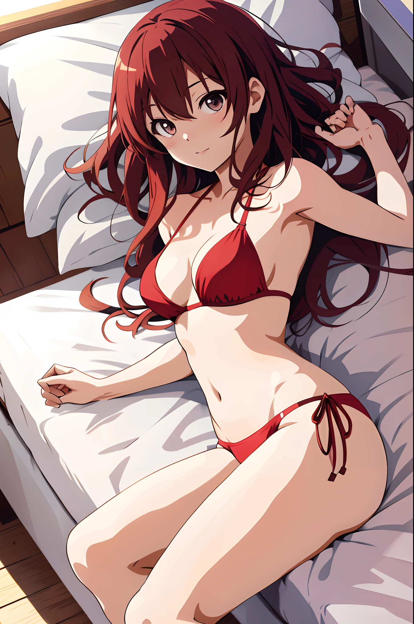 Anime girl lying in bed in red bikini,legs crossed, seductive anime girls, realistic bikini, Extremely detailed Artgerm, she's on my bed in bikini, beautiful alluring anime teen, at pixiv, Best Rated on pixiv, Anime girl, Red bikini, beautiful anime girl crouching, drawn in anime painter studio, eechi, small curvaceous loli