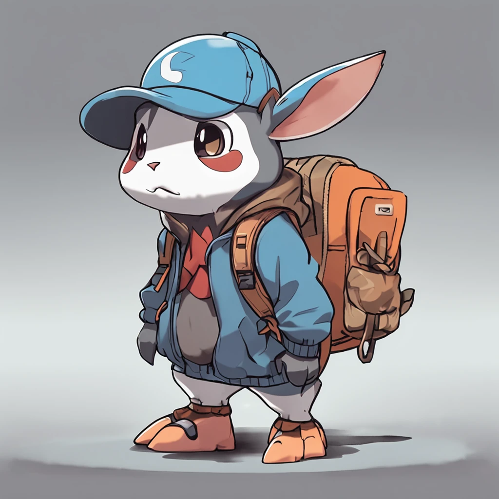 There is a buffalo boy, wearing a hat with two horns on its head, and dressed in clothes. Resembling a new Pokémon, with a cute style. A ground-type Pokémon. It stands on two legs and is carrying a gray backpack. It's standing on top of a building, surrounded by a cityscape. Its cute stubborn face is endearing. The dominant color scheme is gray-blue. It belongs to the bread-type Pokémon category, with Ken Sugimori's art resembling that of Pokémon, as seen on bulbapedia.